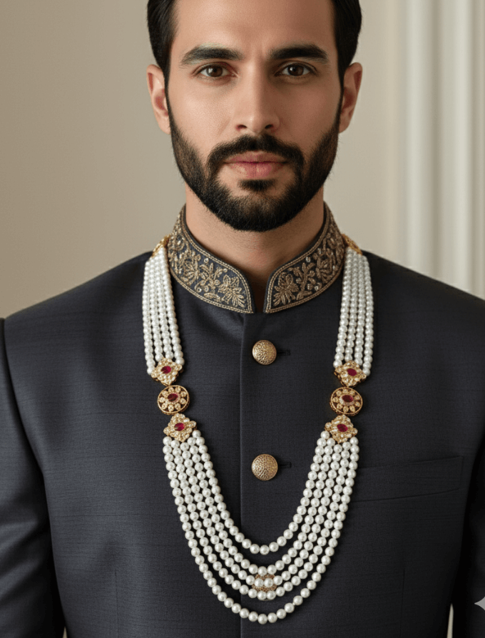 Designer Long Kundan Brooch And Pearls Necklace For Sherwani And Saree - Unisex Wedding Jewelry for Men
