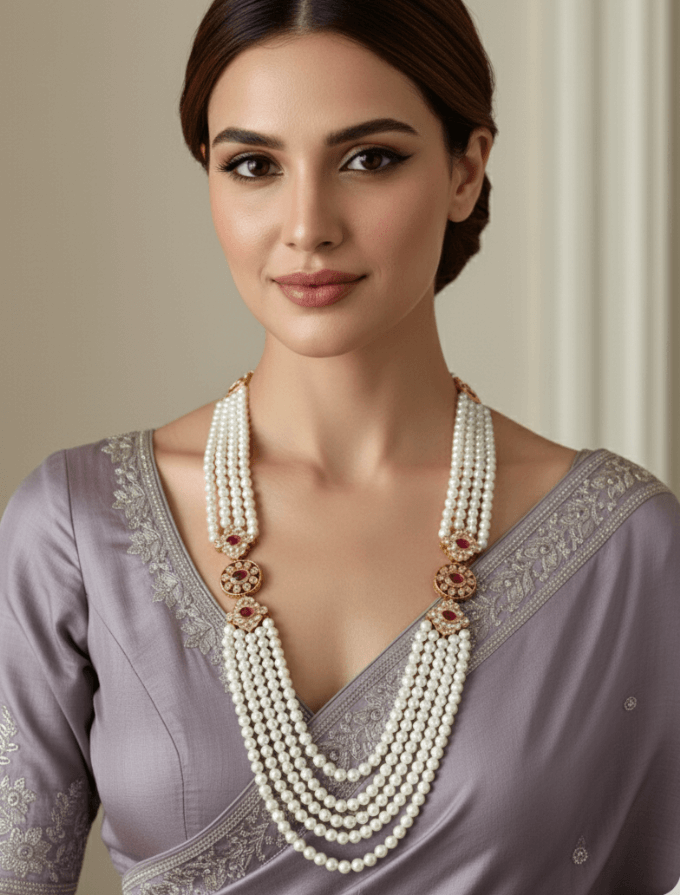 Designer Long Kundan Brooch And Pearls Necklace For Sherwani And Saree - Unisex Wedding Jewelry for Women