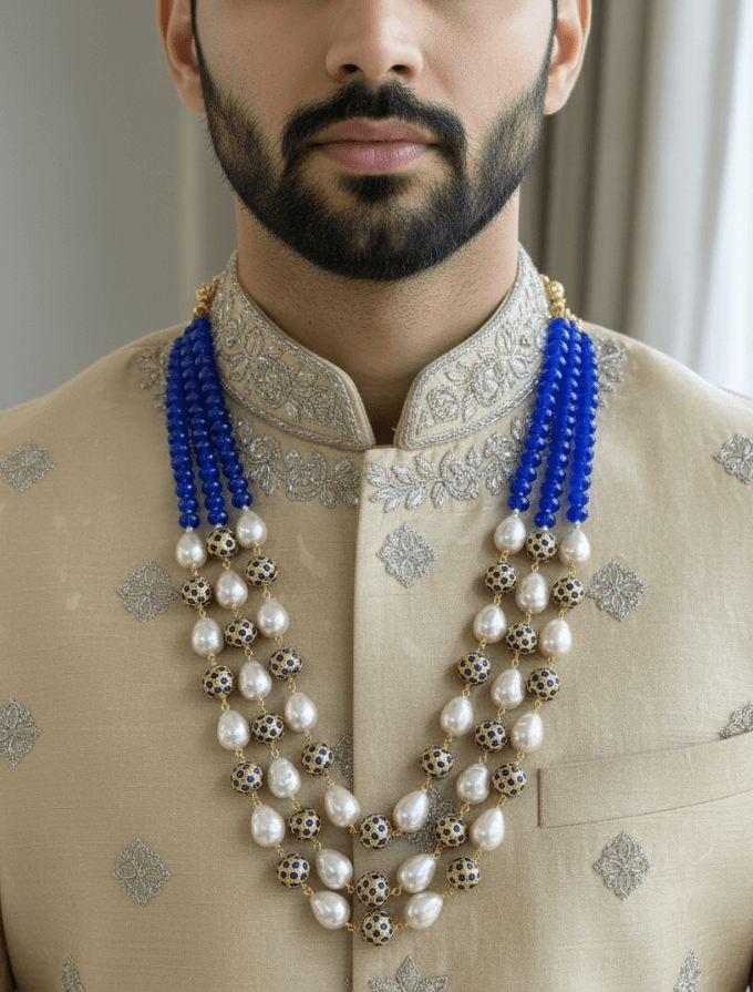 Designer Rose Pink Shell Pearls and Blue Jade Beads Necklace – Unisex Wedding & Festive Wear Beaded Jewelry For Men