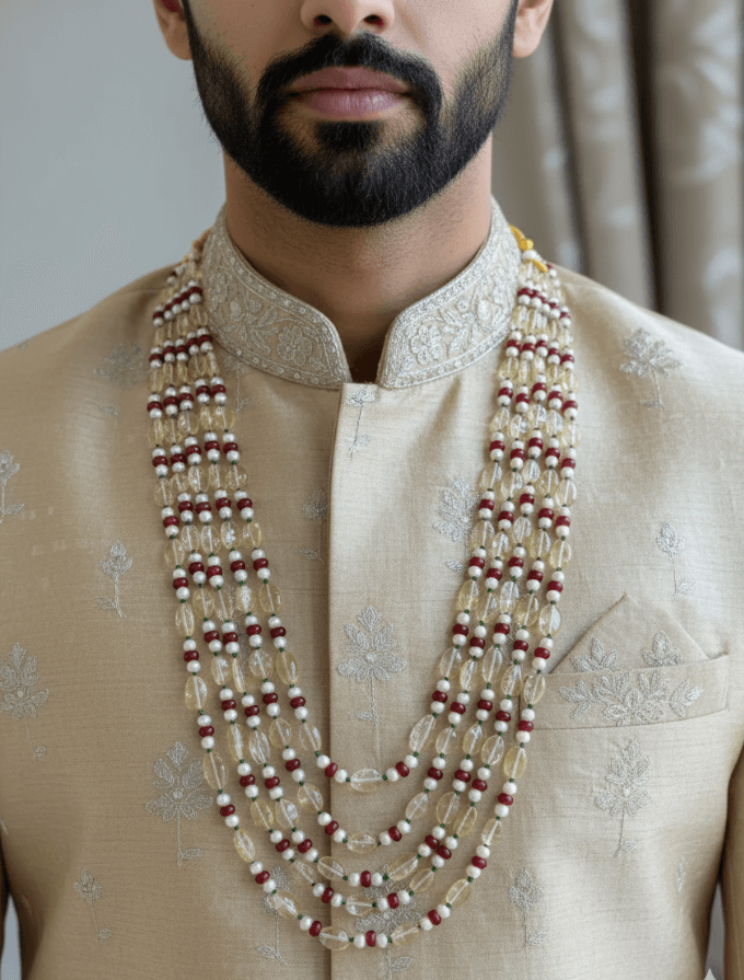 Elegant Semi Precious Long Layered Natural Gemstone Yellow Citrine Beaded Necklace - Unisex Festive and Wedding Wear Beaded Jewelry for Men
