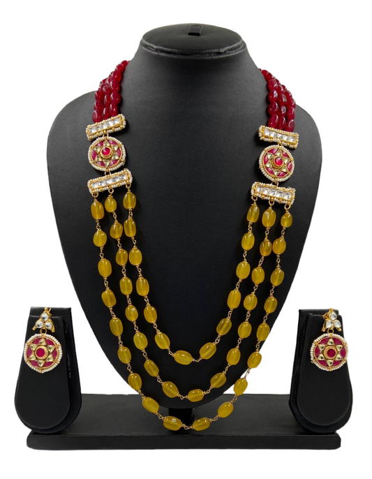 Designer Triple layered Yellow Jade Beads And Kundan Necklace Set