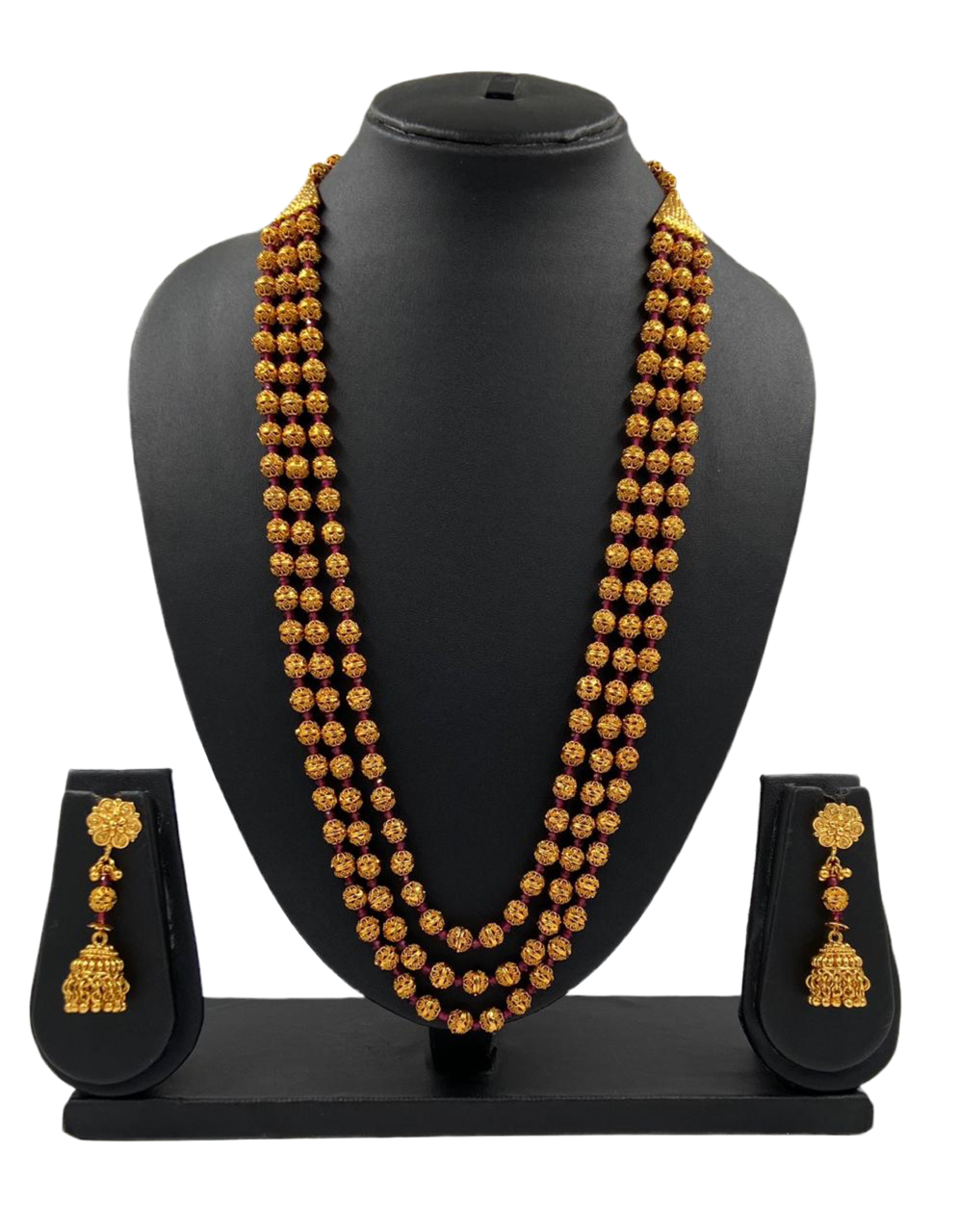 Designer Antique Gold Plated Triple Layered Matar Mala Beaded Necklace For Woman