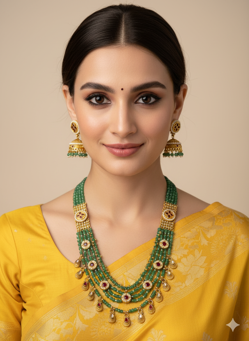 Designer Long Antique Necklace Set with Green Beads 