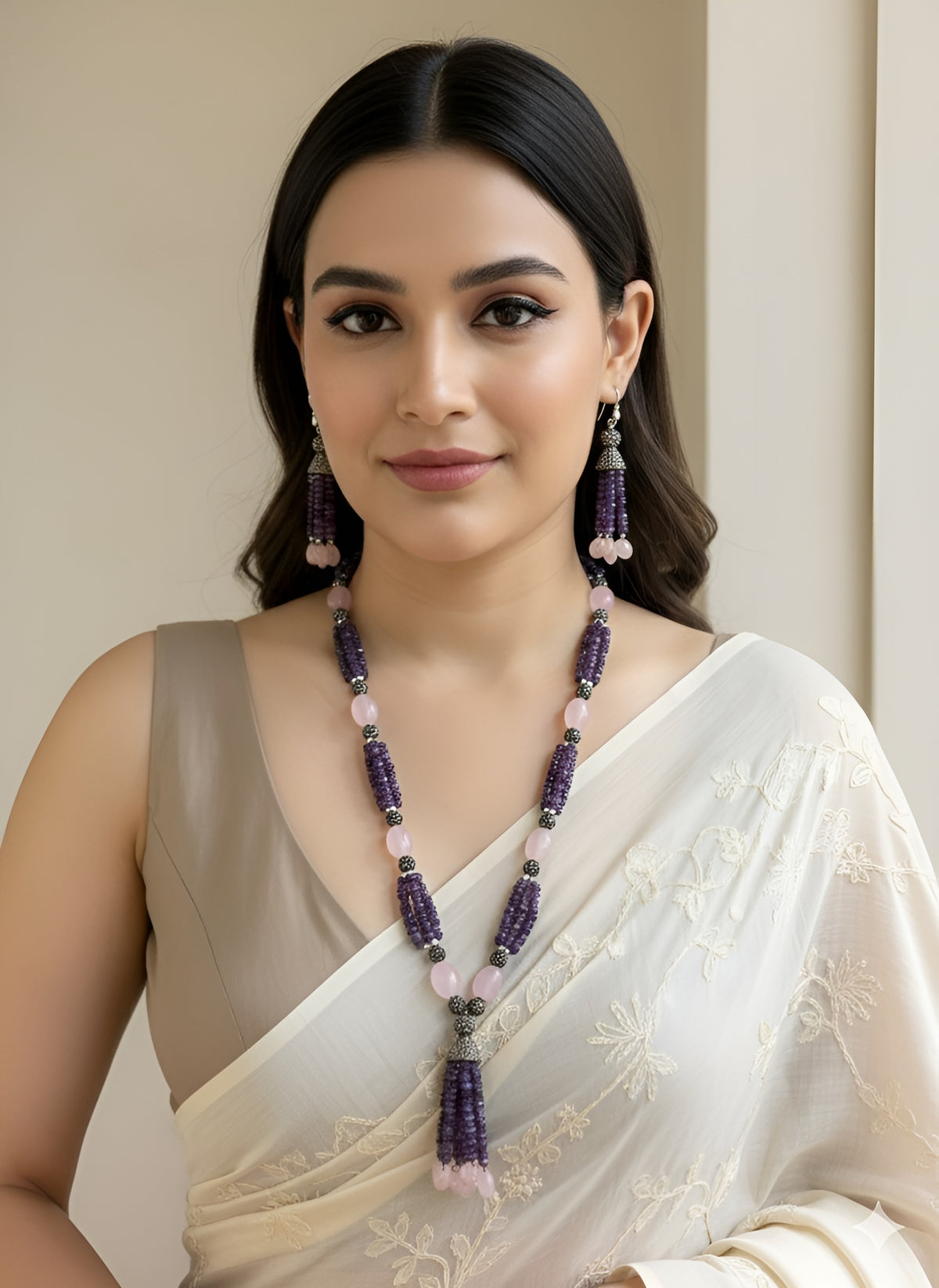 Designer Amethyst And Rose Quartz Beaded Necklace Set – Elegant Handmade Gemstone Jewelry