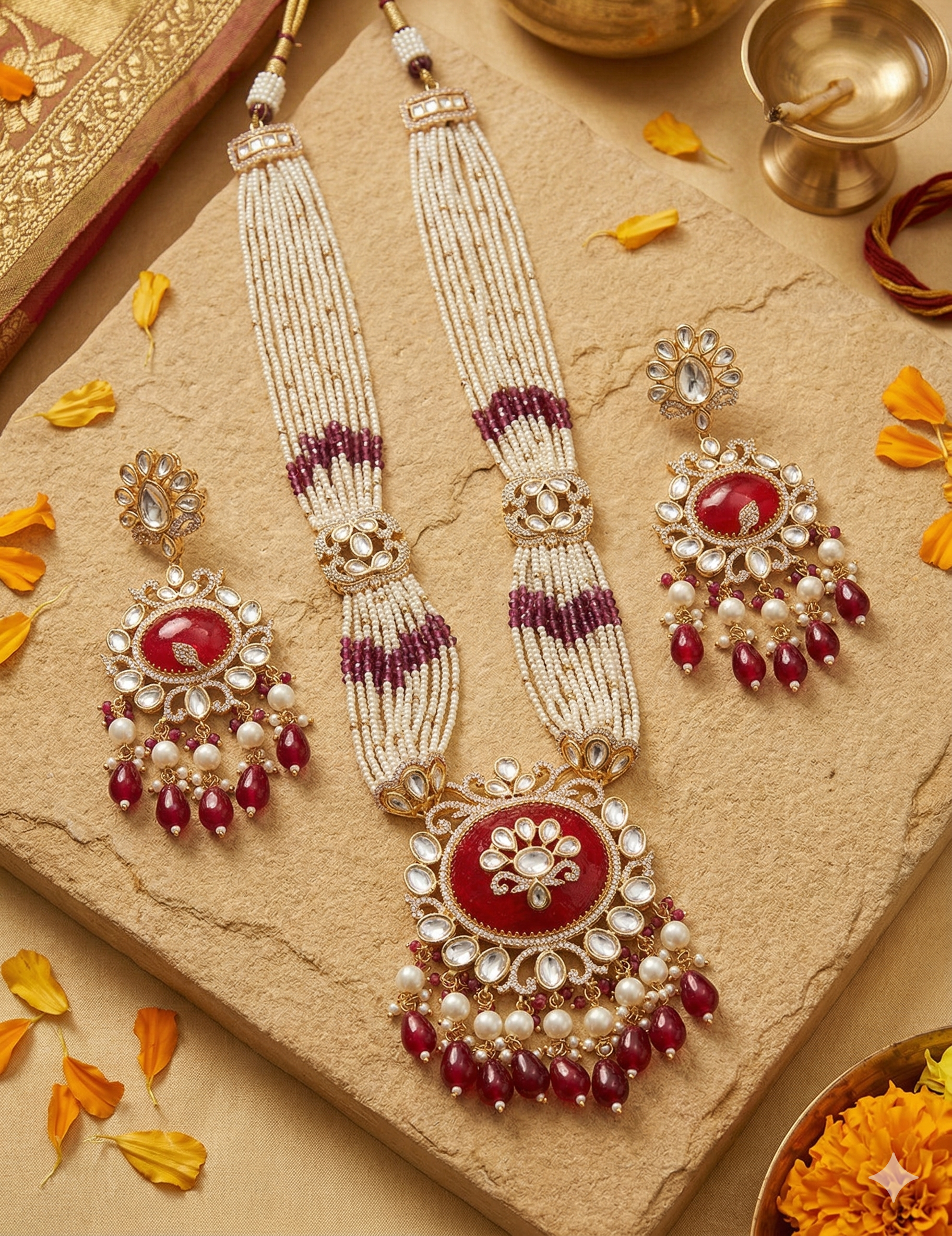 Traditional Long Kundan Necklace Set With Pearl Strands - Luxury Wedding Jewellery