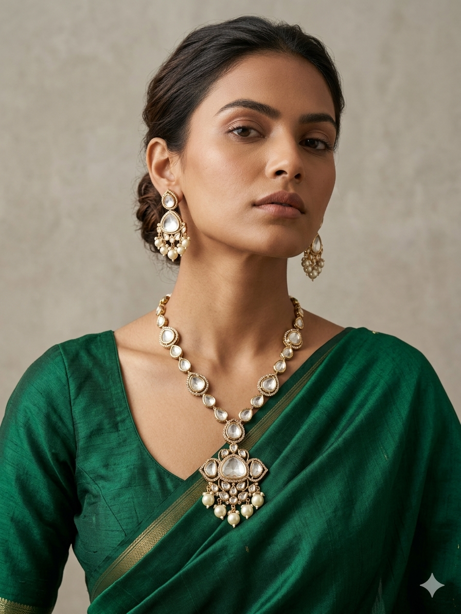 Exquisite Gold Plated Polki Kundan Pendant Necklace Set | Wedding And Party Wear Statement Jewellery