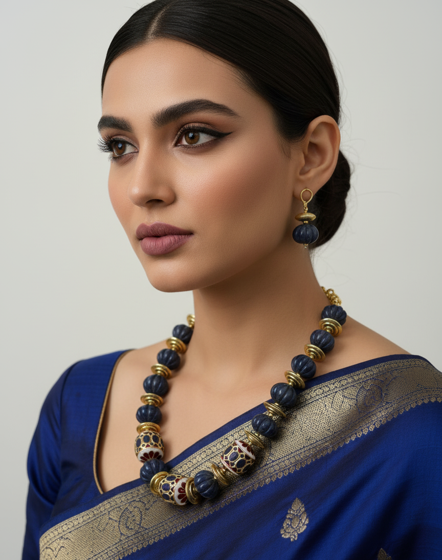 Semi-Precious Blue Jade Stone Watermelon Shaped Beaded Necklace Set For Women