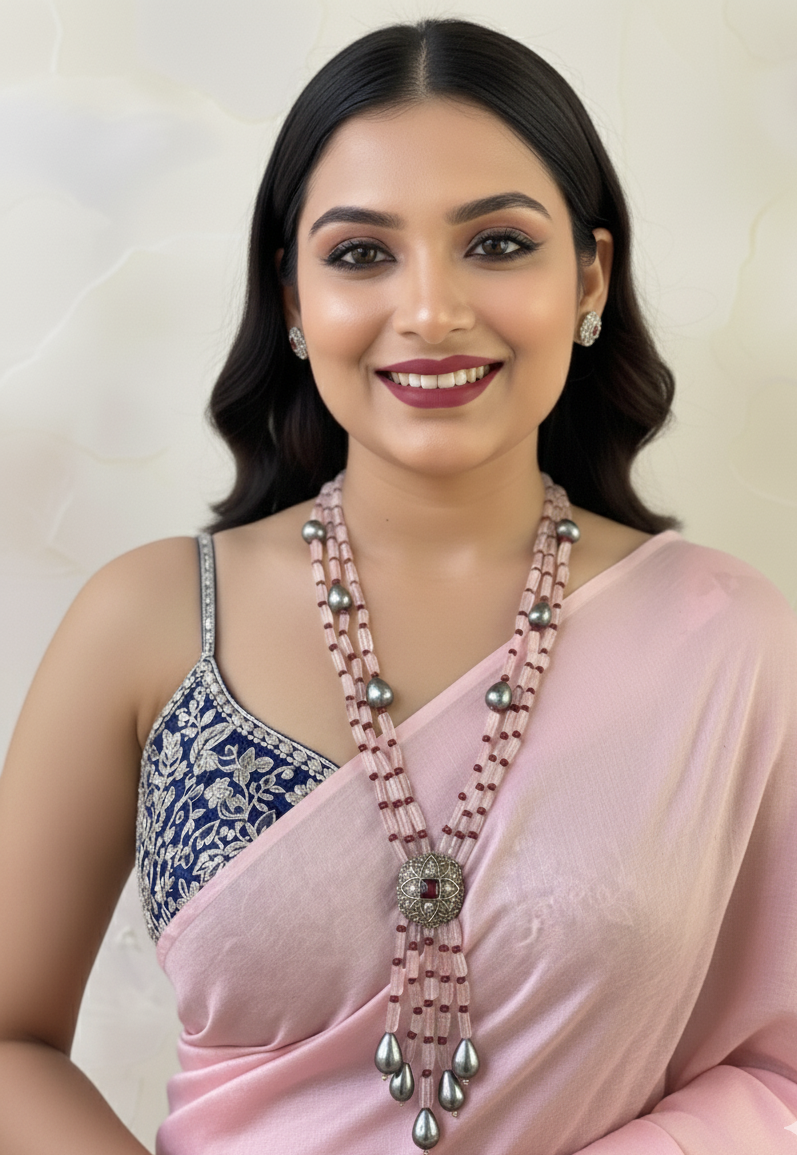 Designer Multi-Layered Long Pink Gemstone Beaded Necklace For Women