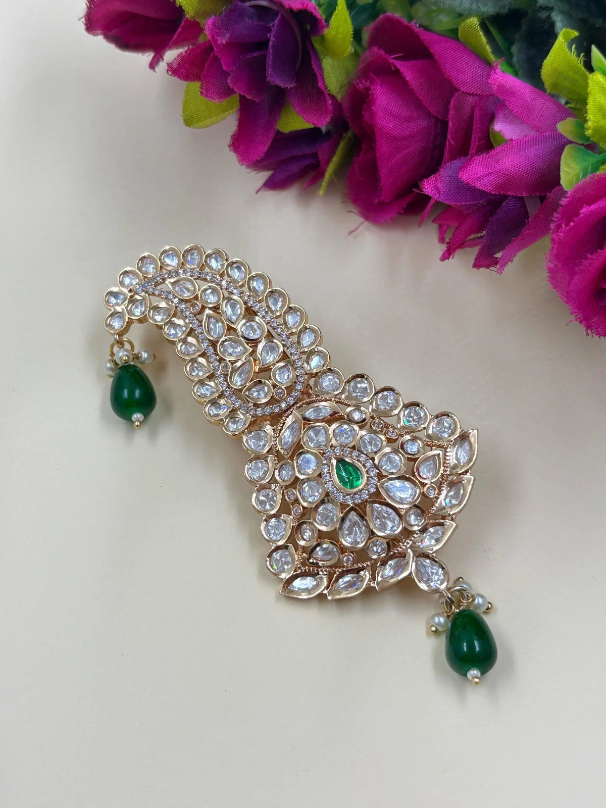 Green Handcrafted Kundan Polki Kalangi for Groom | Elegant Wedding Brooch
