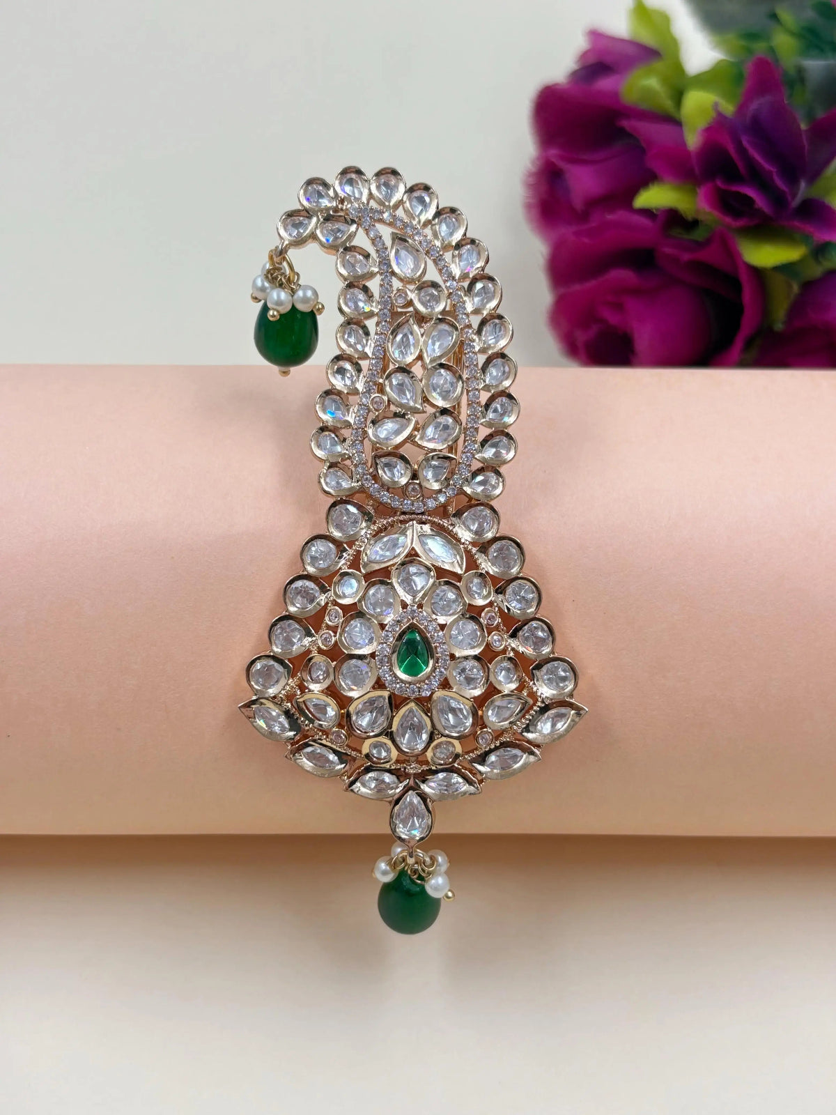 Green Handcrafted Kundan Polki Kalangi for Groom | Elegant Wedding Safa