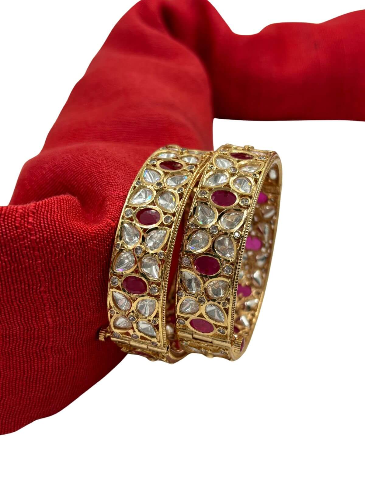 Traditional Gold Plated Ruby Kundan Polki Bangles Set for Indian weddings and parties.