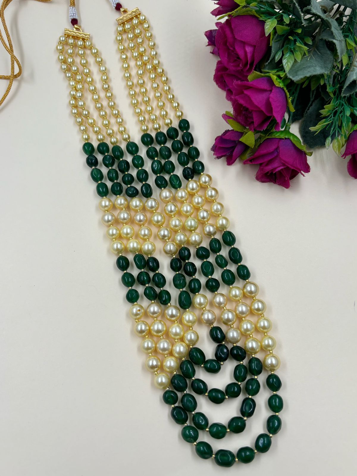Multilayered Semi Precious Green Jade And Pearls Beads Necklace For Men And Women