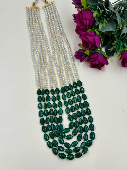 Designer Multi Layered Green Jade Beads And Pearl Sherwani Mala For Grooms By Gehna Shop