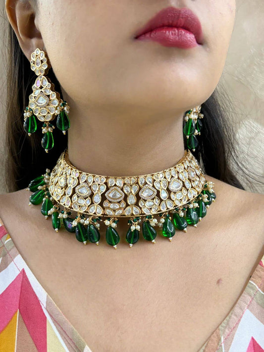 Designer Green Kundan Polki Choker Necklace Set for weddings , parties , sangeet and engagement ceremonies