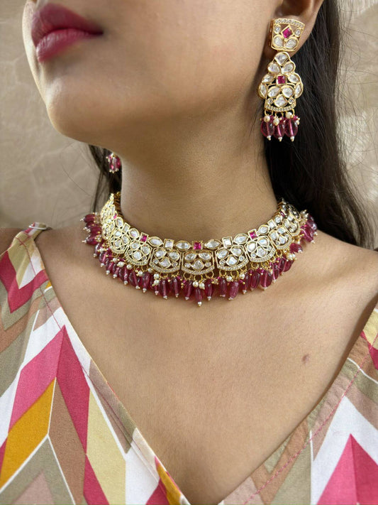Designer Kundan Polki pink Choker Necklace Set for women online