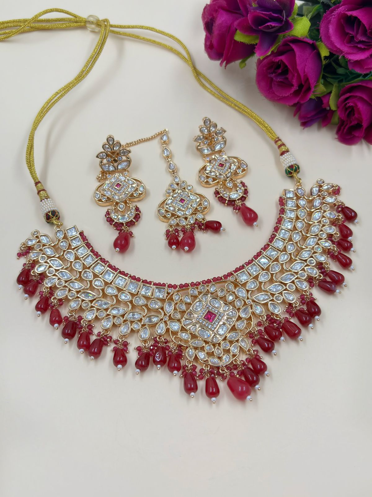 Anaisha Designer Polki Bridal Necklace Set With Tikka | Bridal Jewellery Set