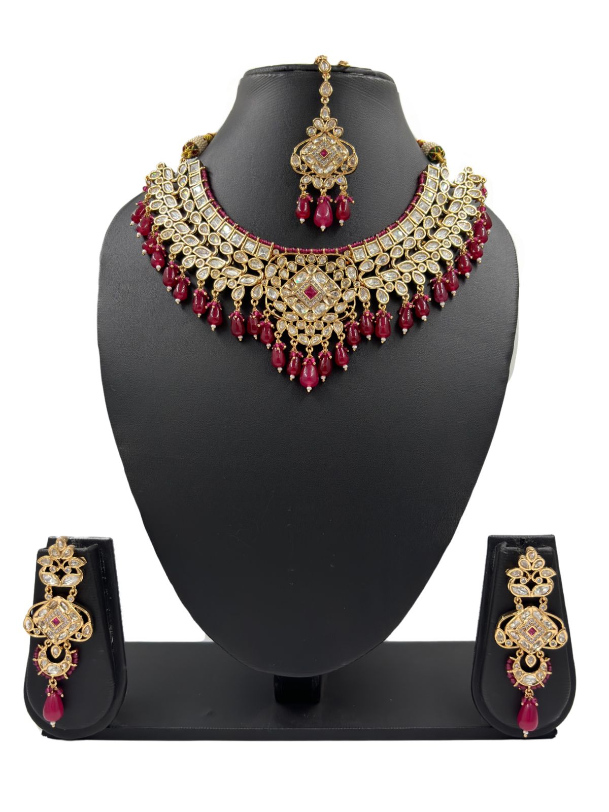 Anaisha Designer Polki Bridal Necklace Set With Tikka | Red Bridal Jewellery Set