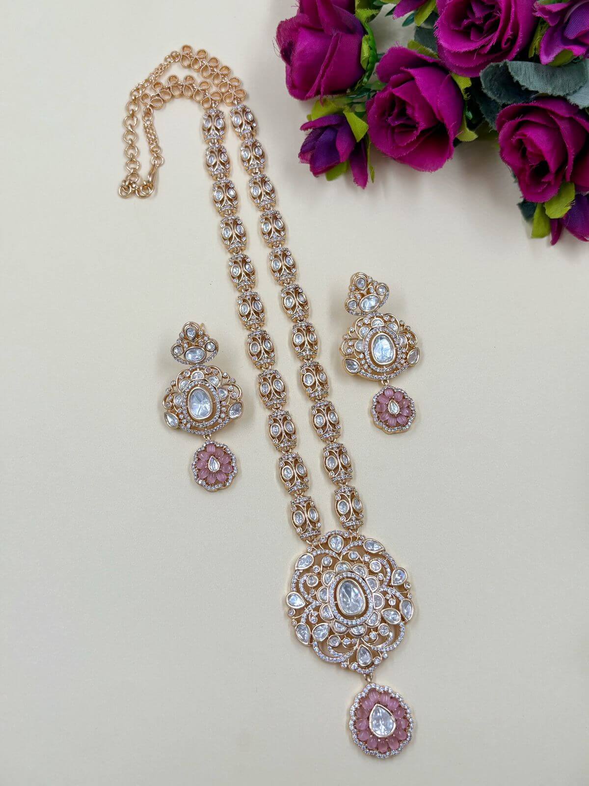 Unique Heritage Long Kundan Polki Necklace Set |  Baby Pink Long Party Wear Jewellery