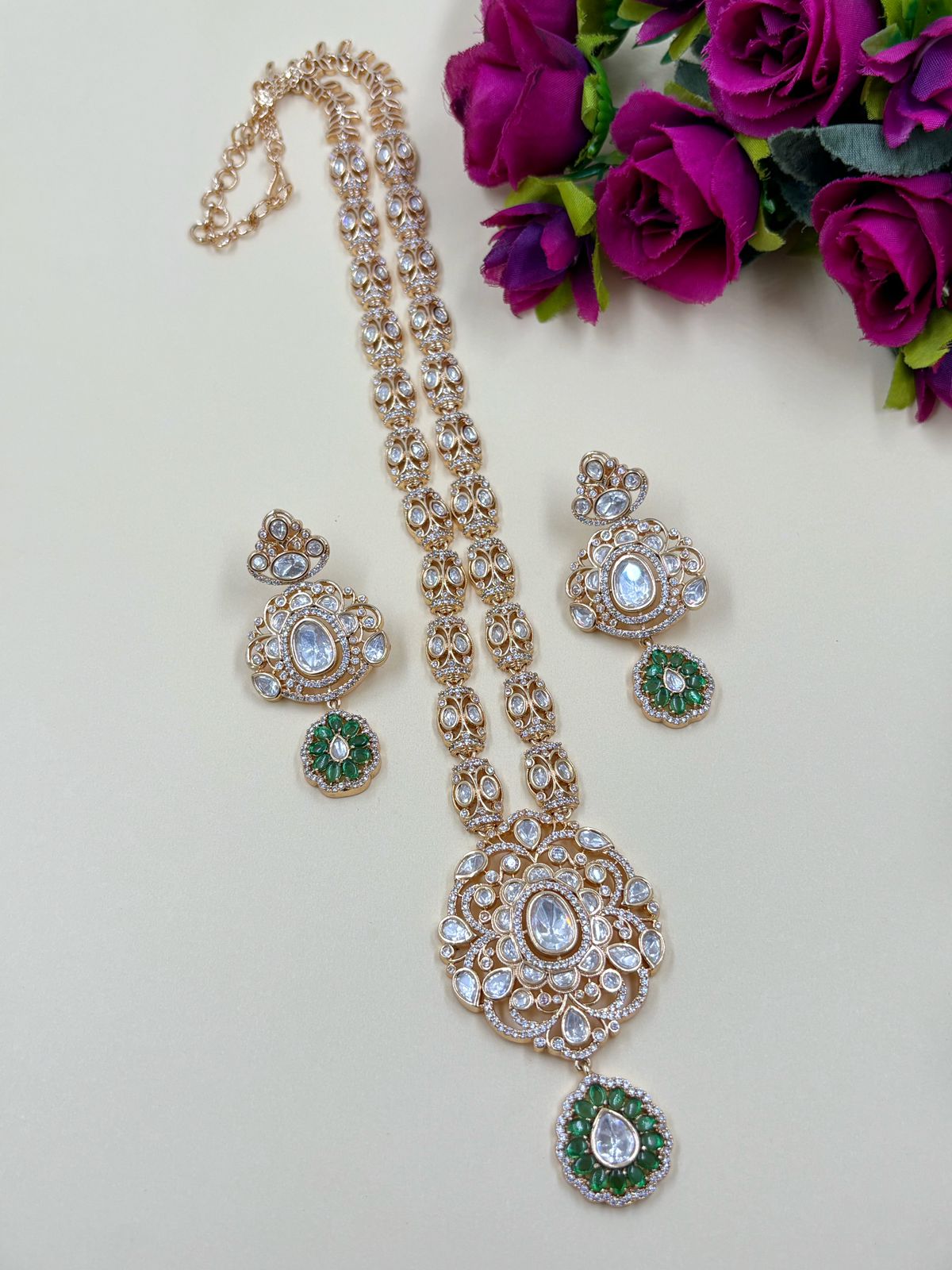 Unique Heritage Long Kundan Polki Necklace Set |  Green Long Party Wear Jewellery