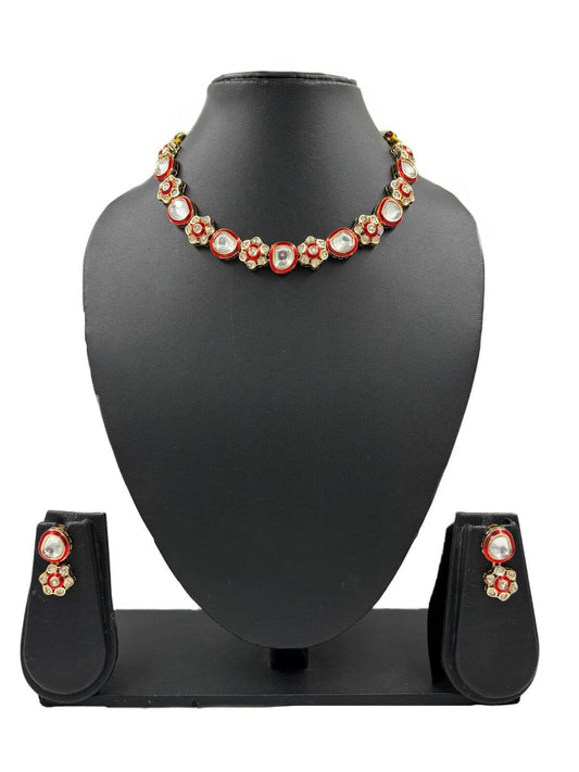 Delicate Short Polki Jewellery Necklace Set With Red Meenakari 