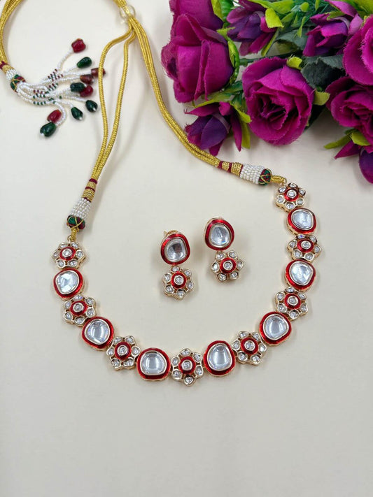 Delicate Short Polki Jewellery Necklace Set With Red Meenakari 