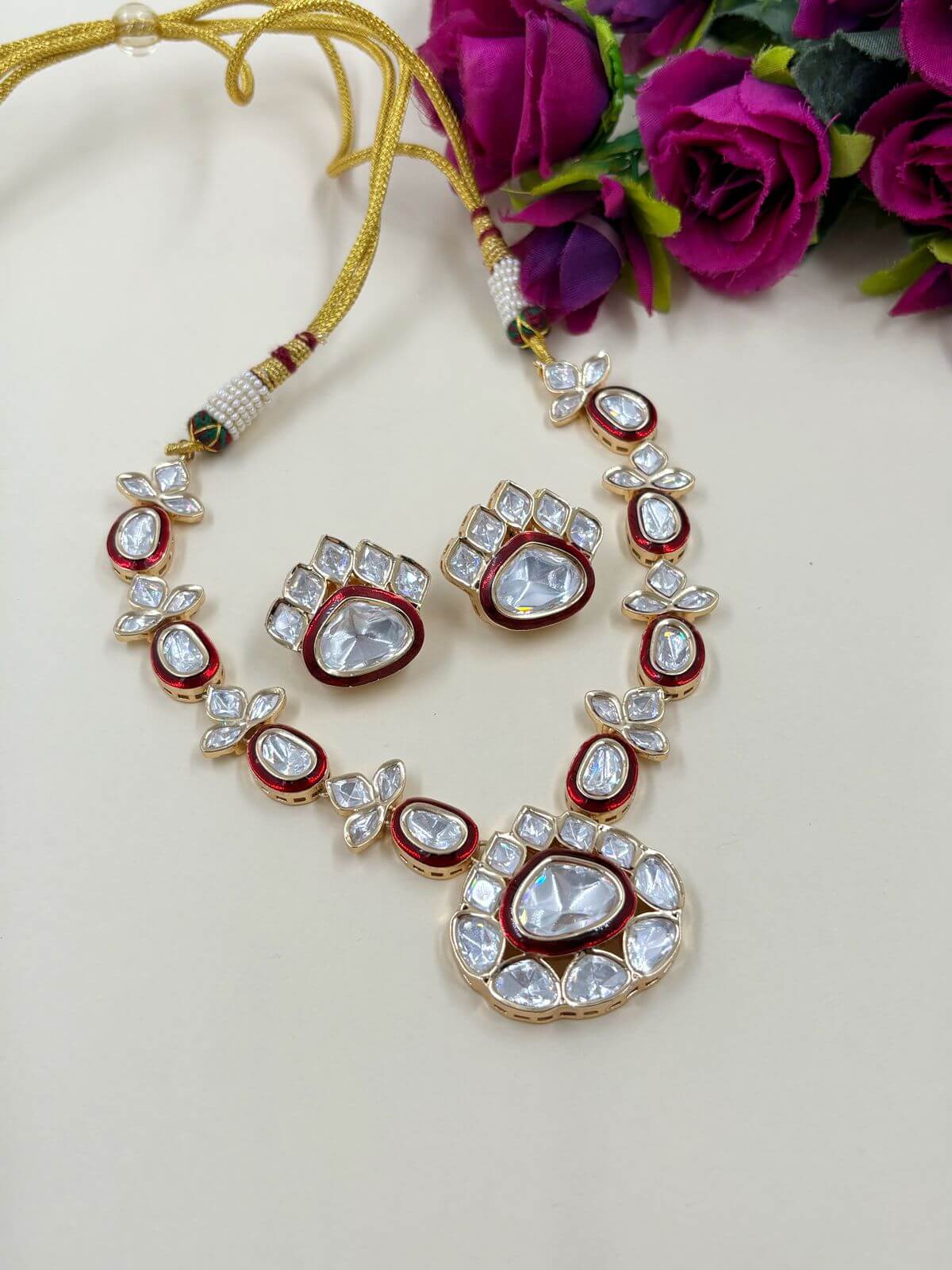  Red Modern Polki Jewellery Necklace Set For Woman | Party Wear Jewellery