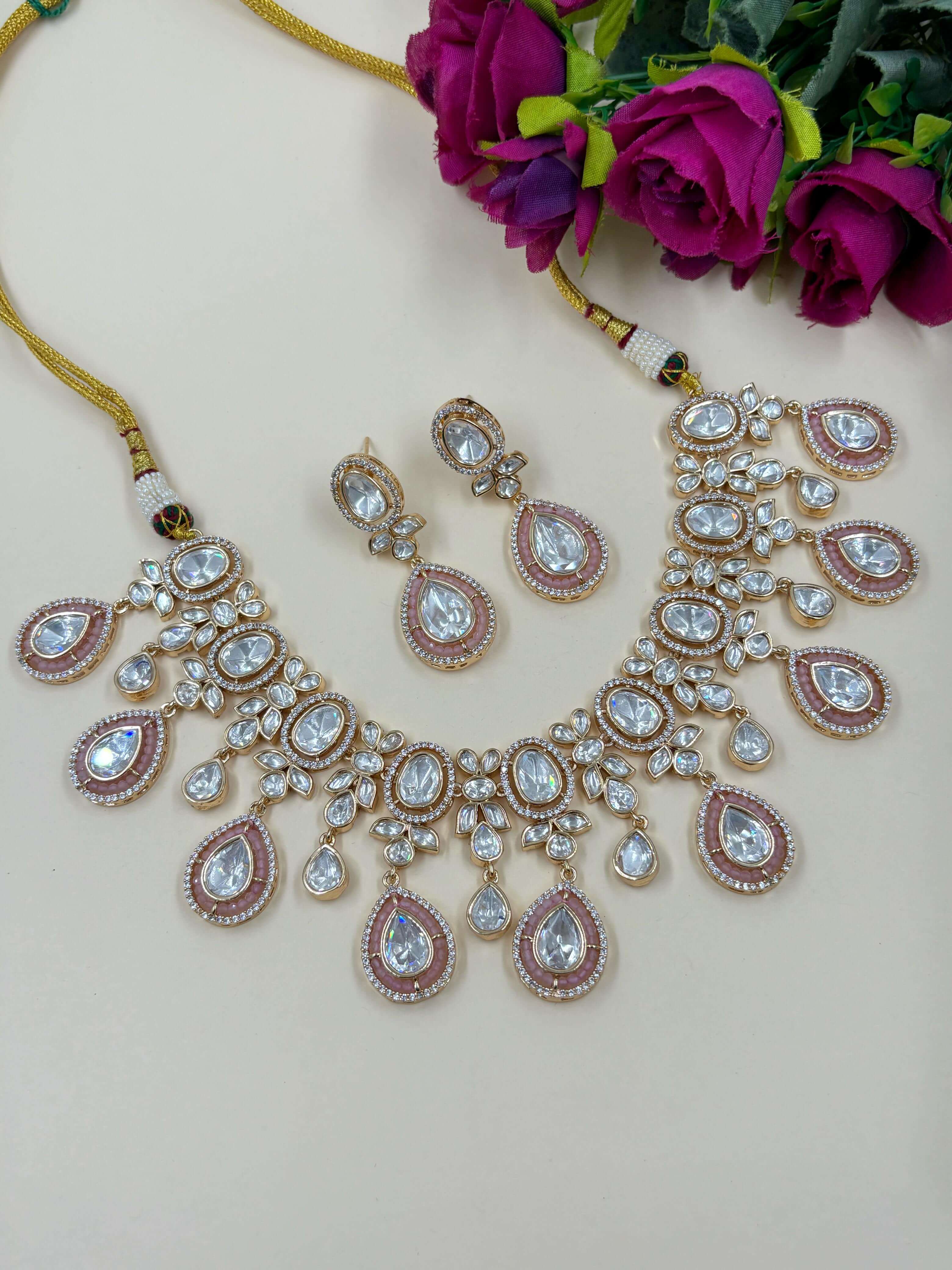 Designer Wedding Baby Pink Polki Necklace Set By Gehna Shop