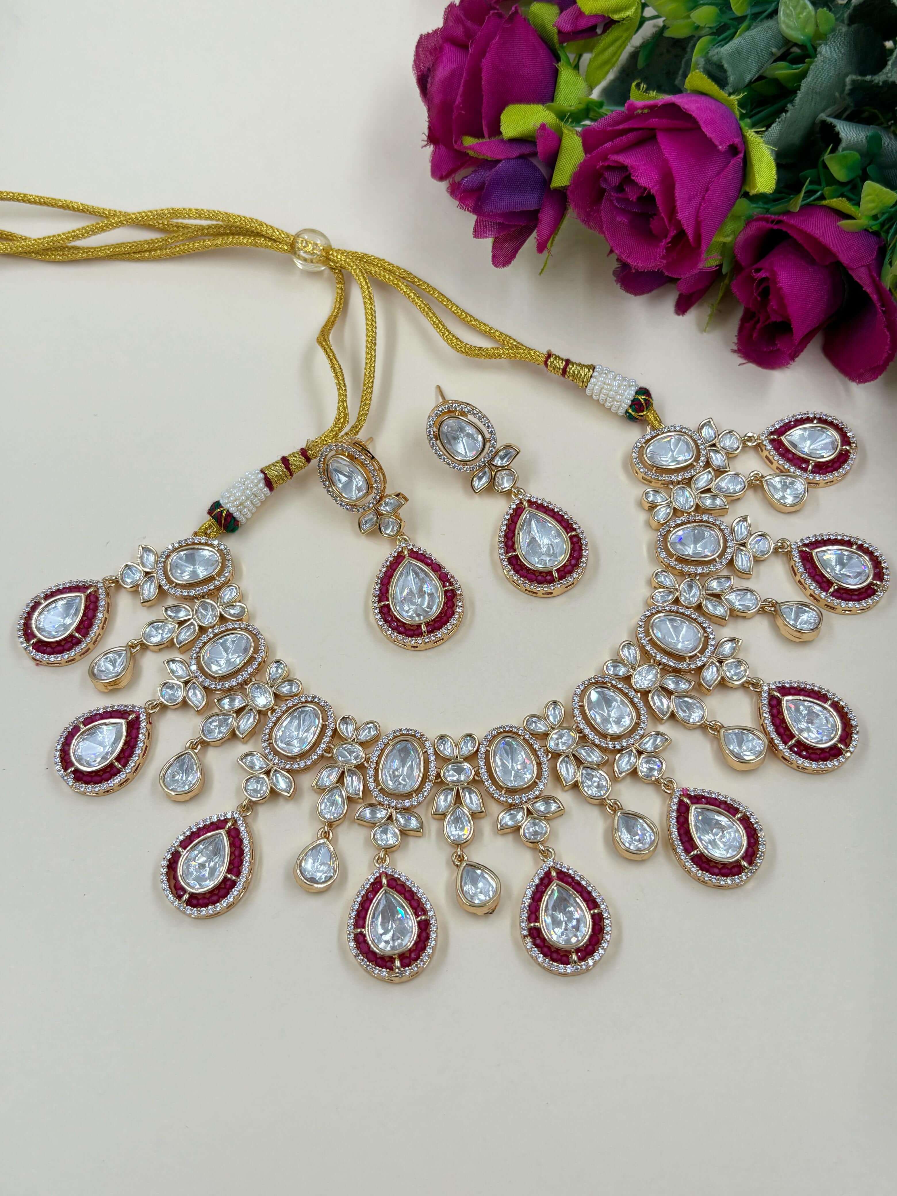 Designer Wedding  Pink Polki Necklace Set By Gehna Shop