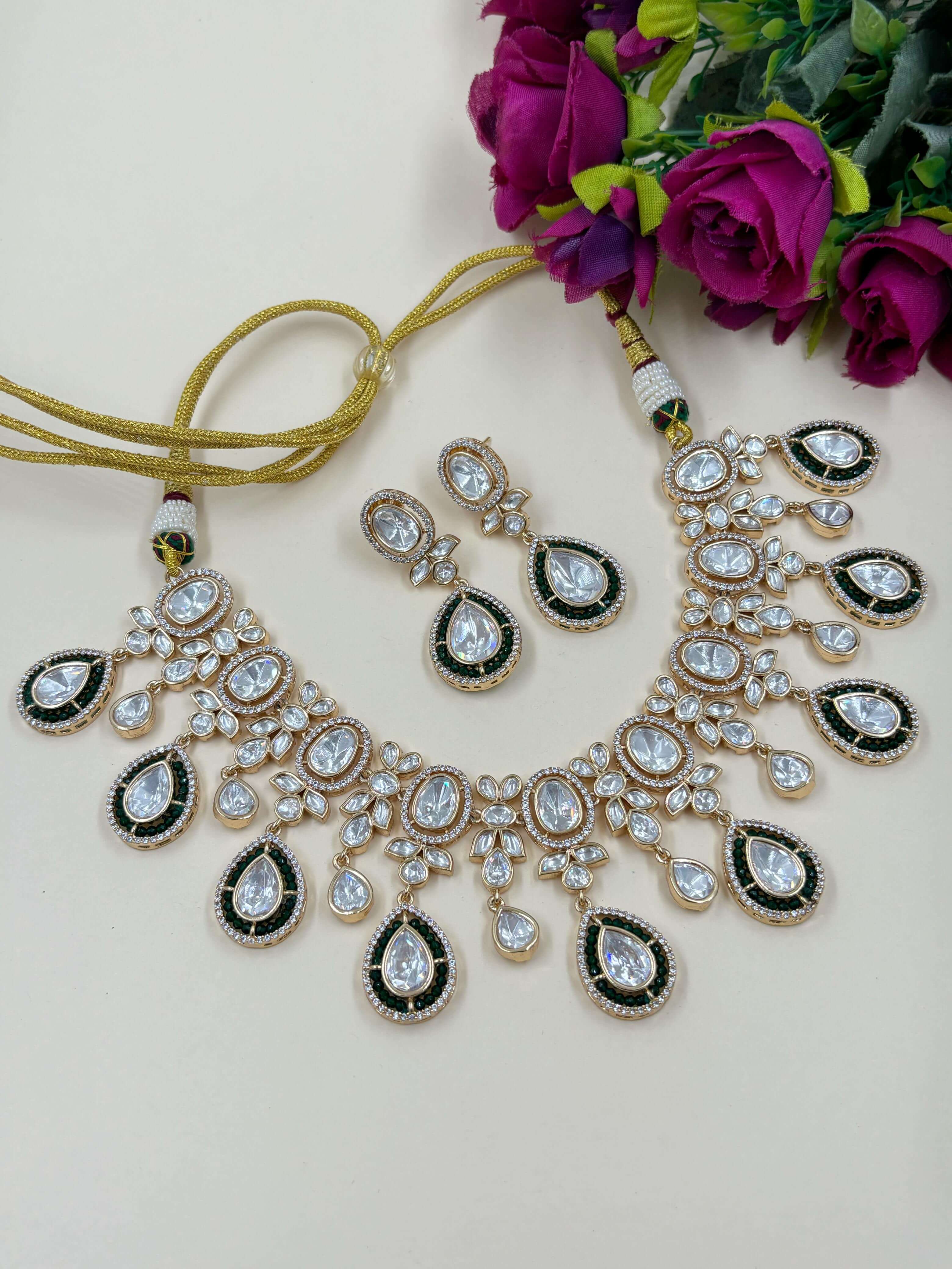 Designer Wedding Green Polki Necklace Set By Gehna Shop