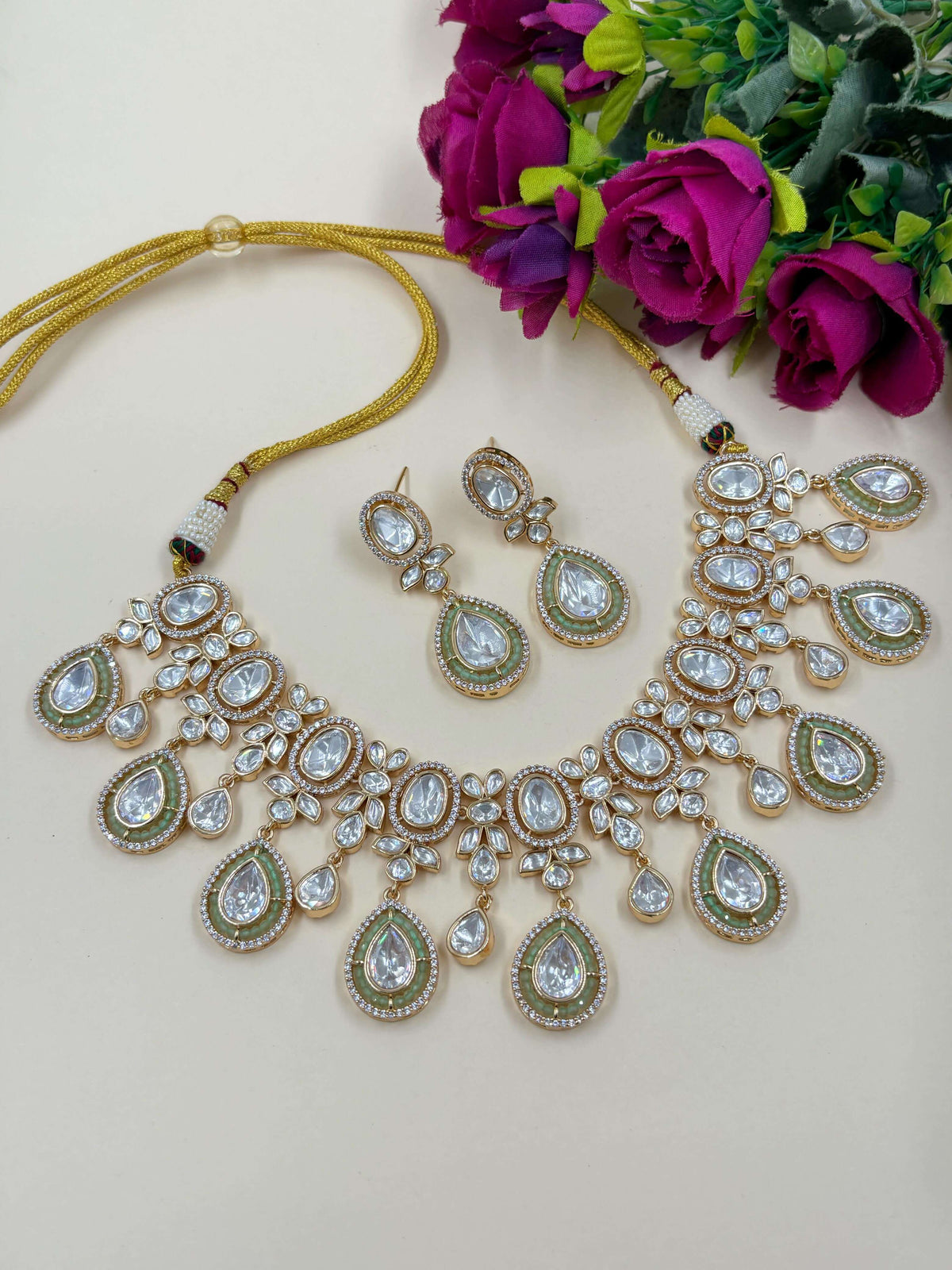 Designer Wedding Mint Green  Polki Necklace Set By Gehna Shop