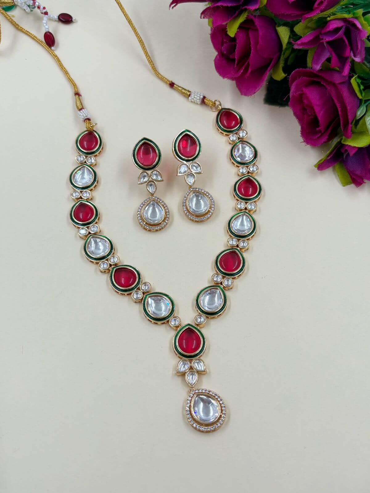 Designer Modern  Look Red Kundan Polki Party Wear Necklace Set 