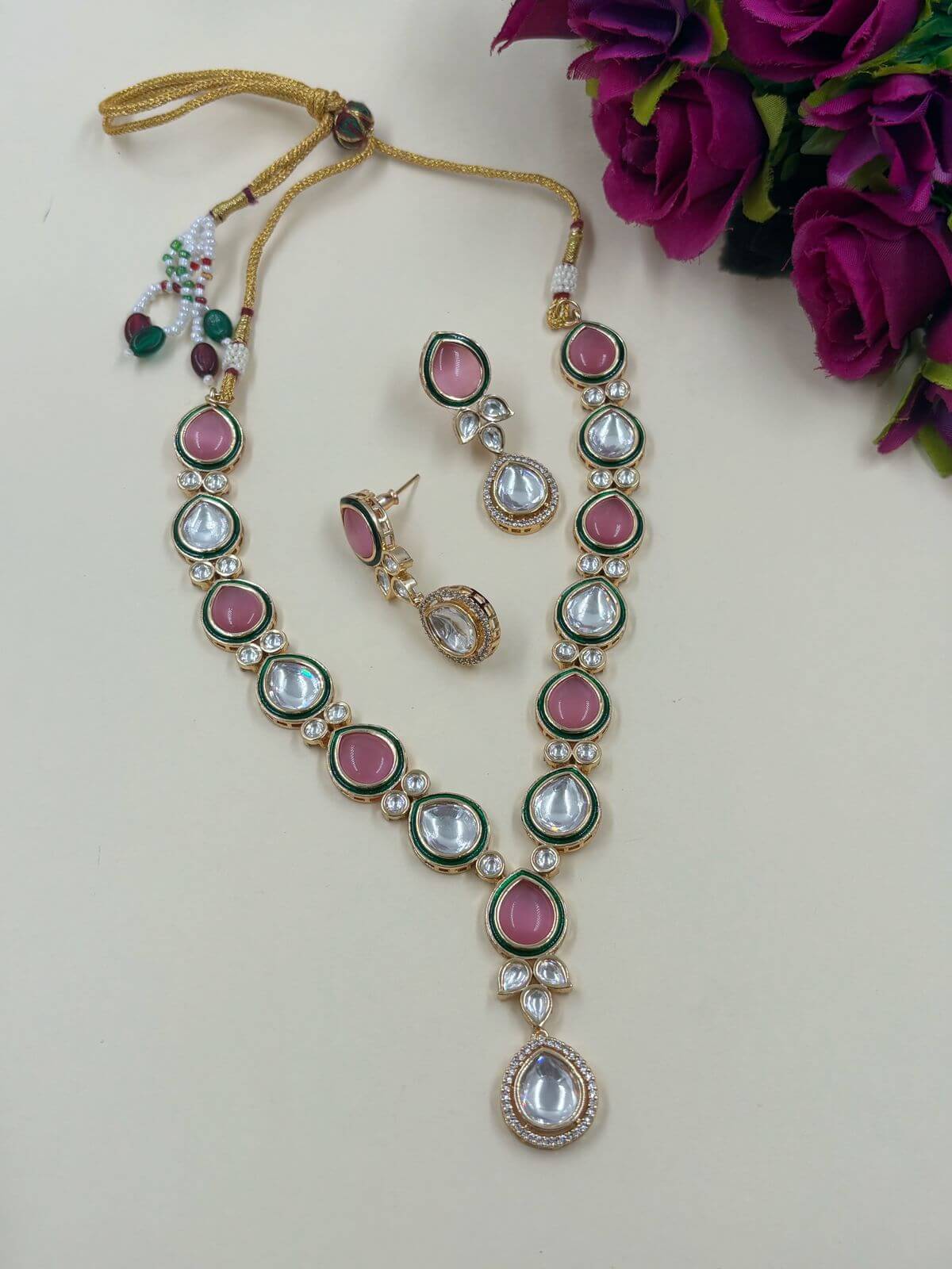 Designer Modern  Look Baby Pink Kundan Polki Party Wear Necklace Set 
