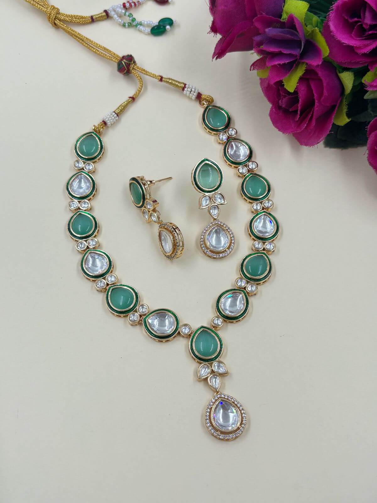 Designer Modern  Look Mint Green Kundan Polki Party Wear Necklace Set 