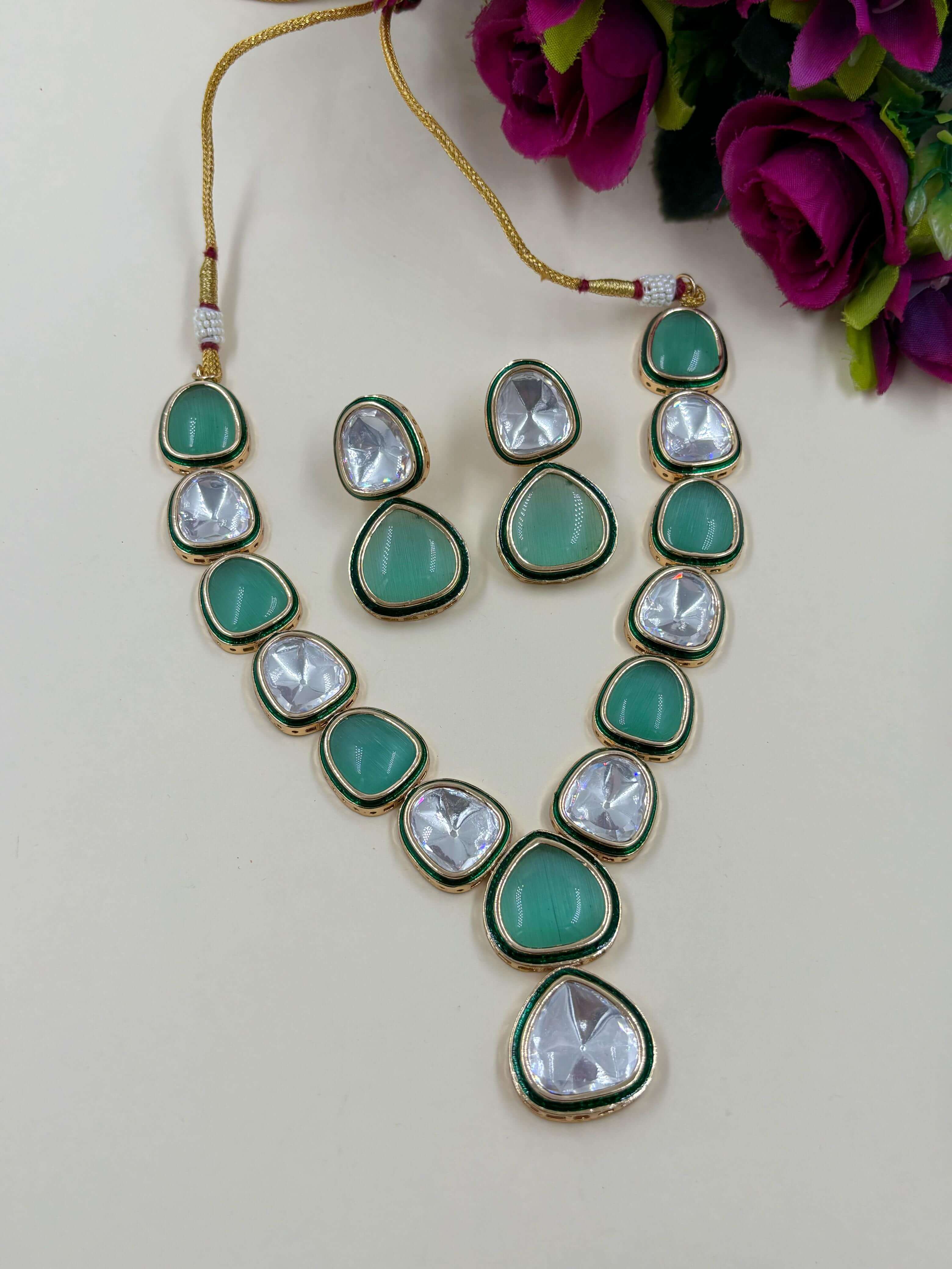 Luxurious Party Wear Mint Green Big Polki Stone Jewellery Necklace Set  By Gehna Shop