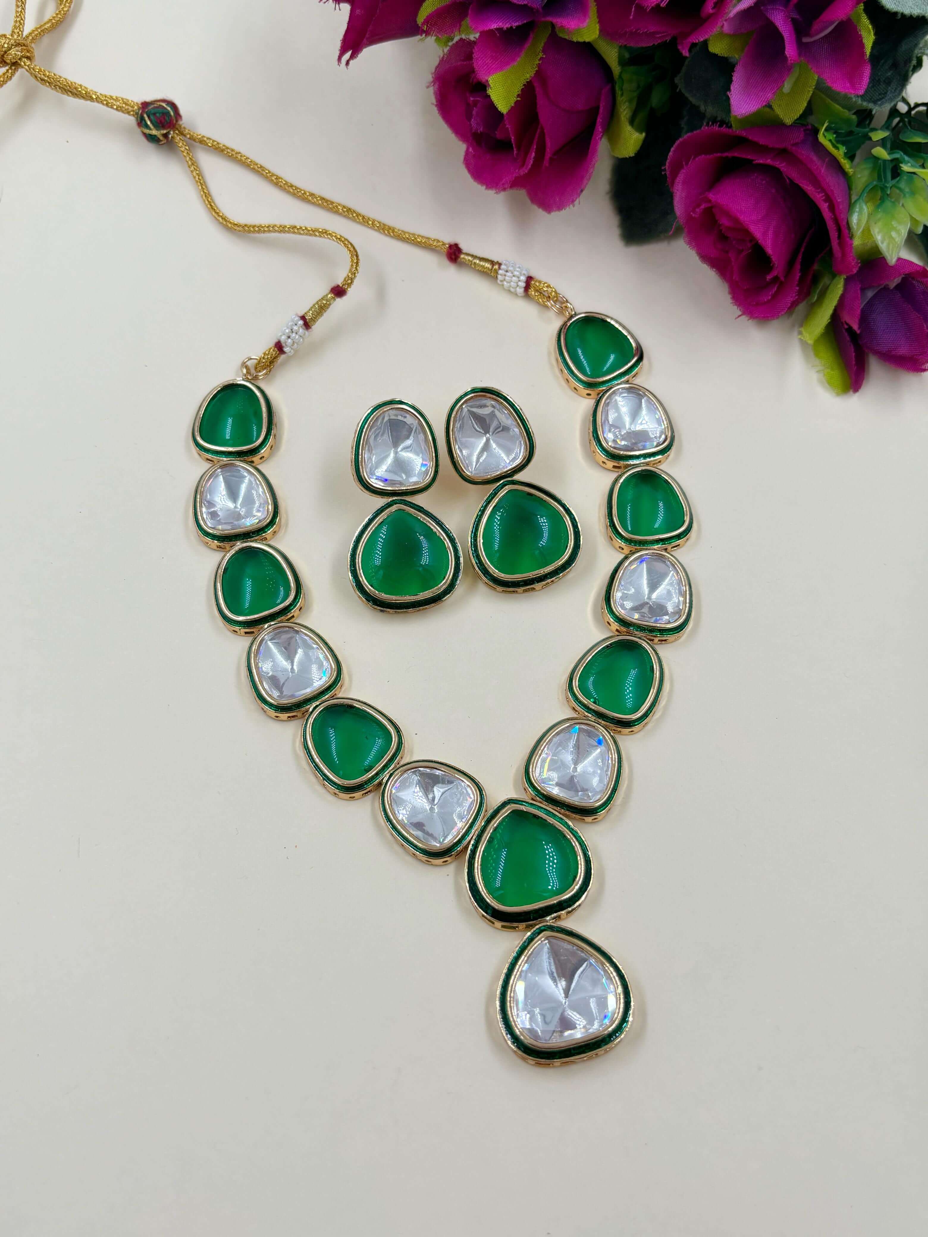 Luxurious Party Wear Big Polki Stone Jewellery Necklace Set By Gehna Shop Green