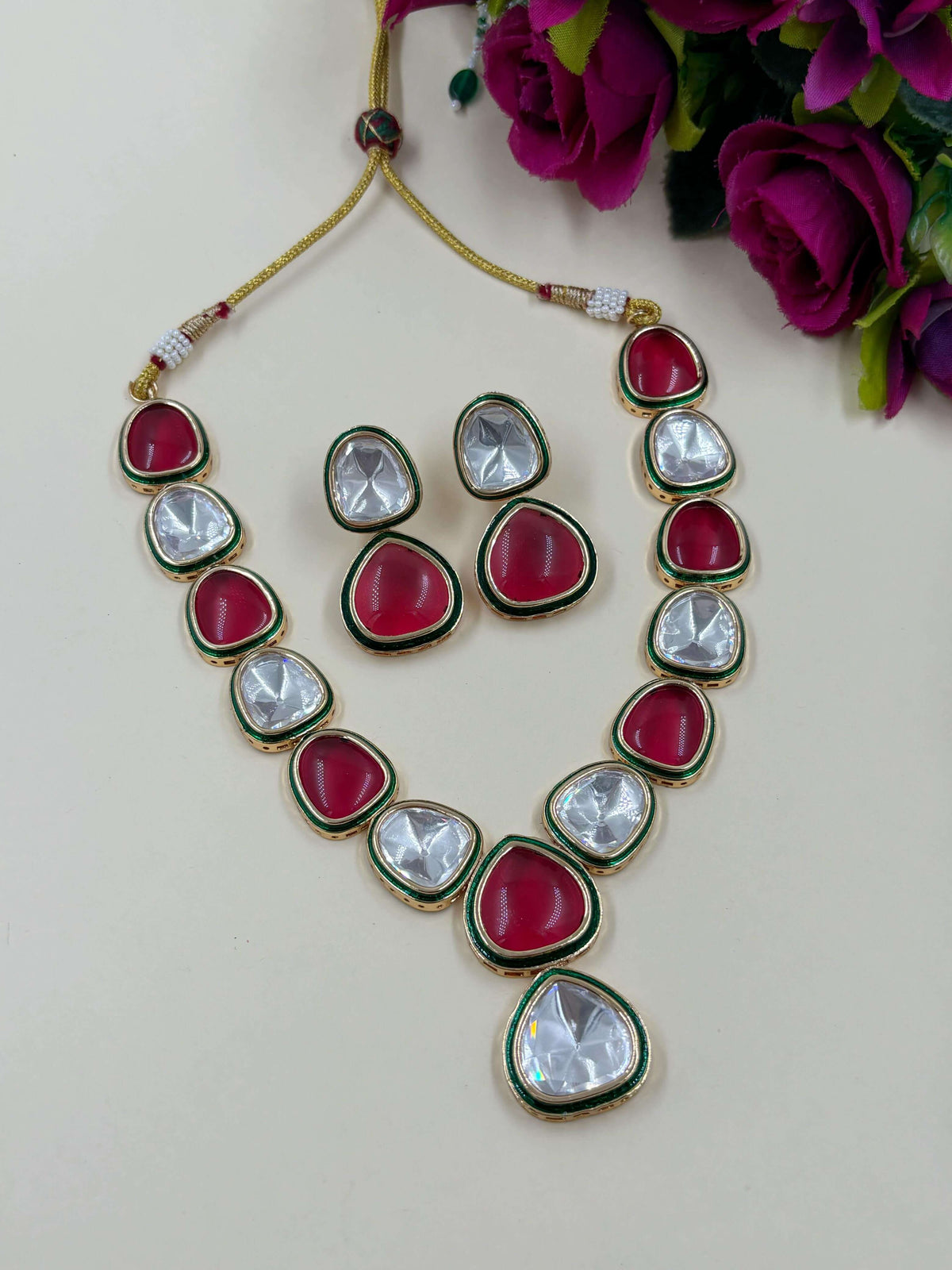 Luxurious Party Wear Red Big Polki Stone Jewellery Necklace Set  By Gehna Shop