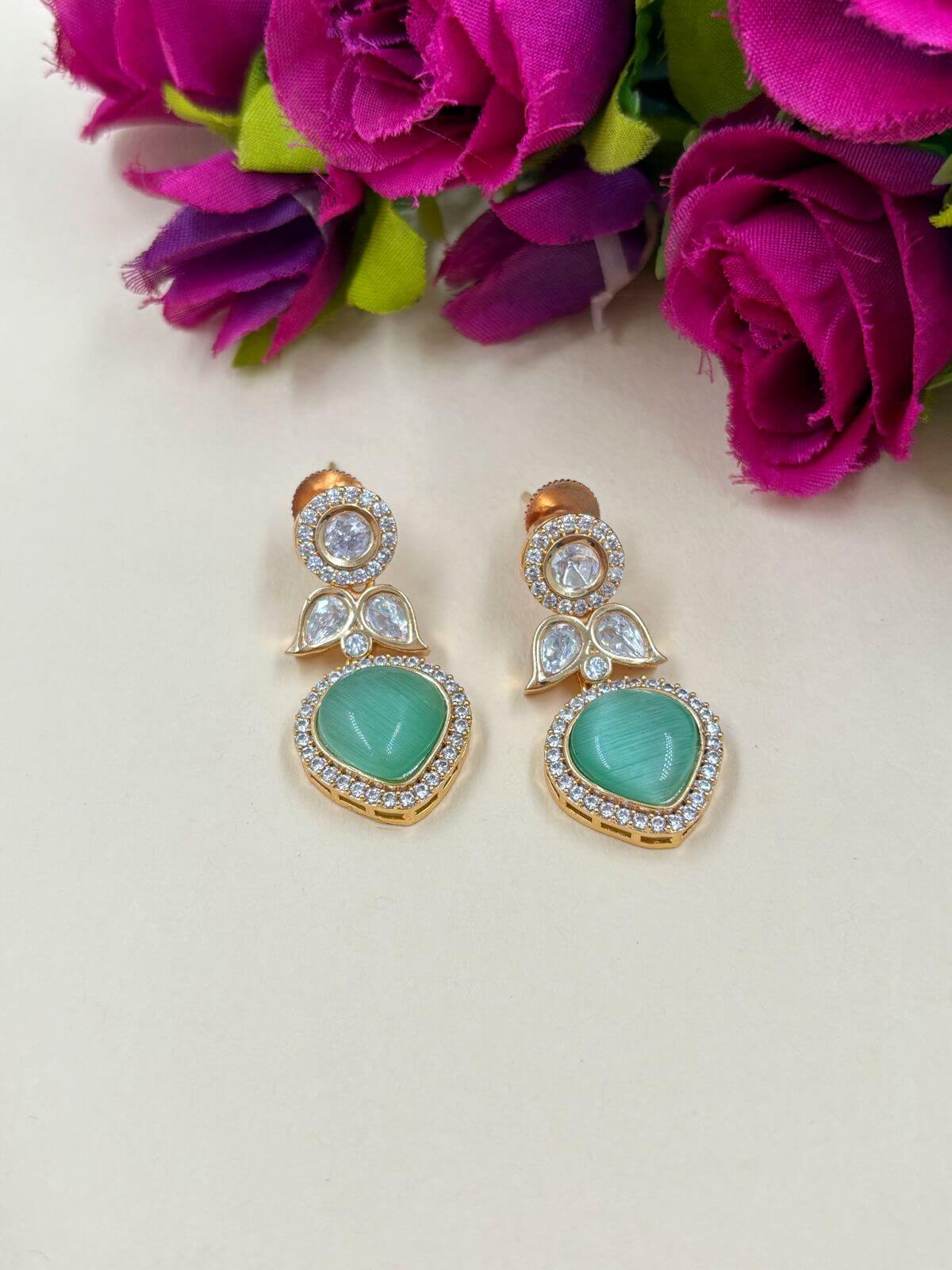 Mouni Artificial Small Mint Green Stone Polki Earrings | Small Lightweight Earrings For Women