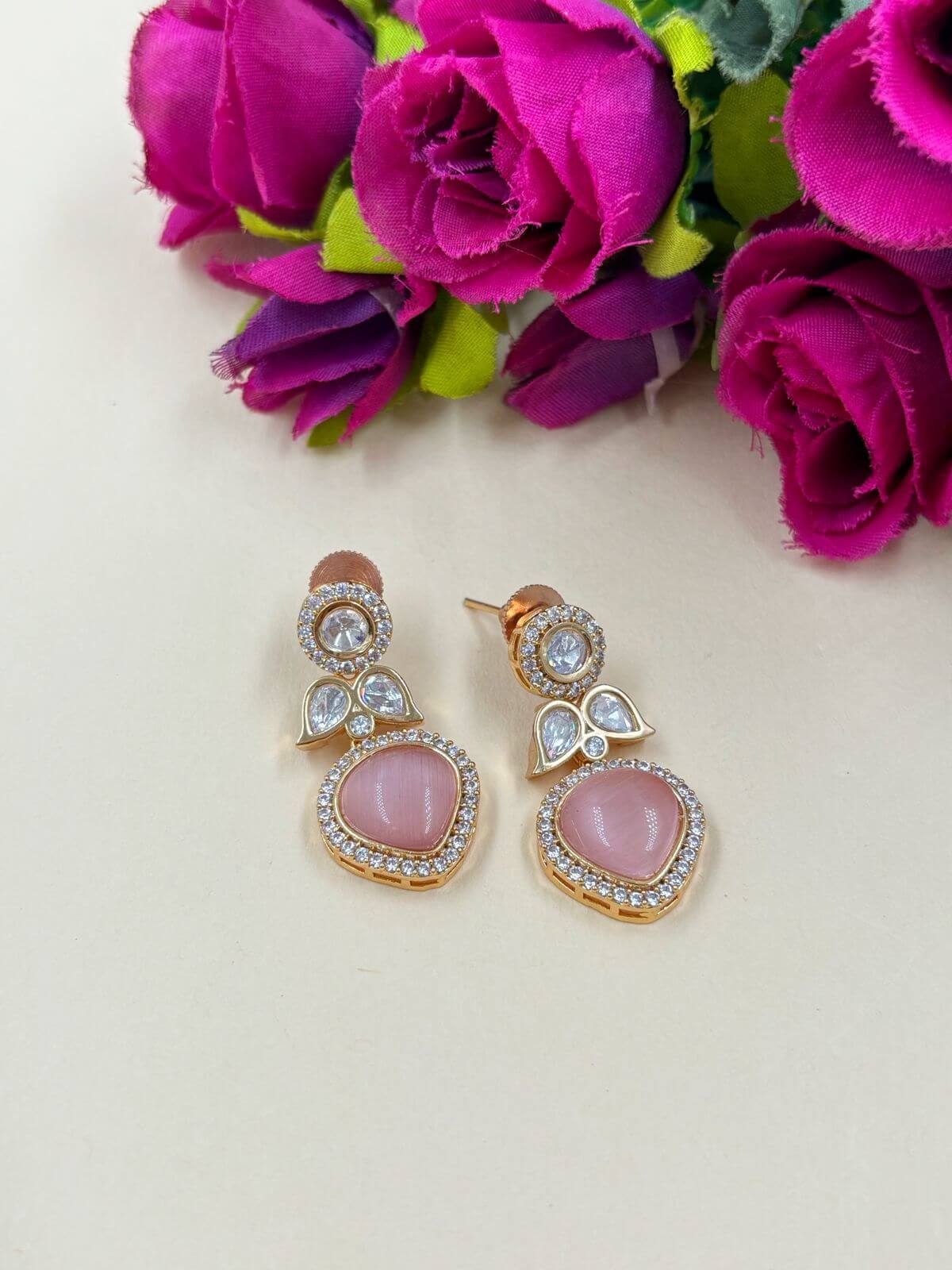 Mouni Artificial Small  Baby Pink Stone Polki Earrings | Small Lightweight Earrings For Women