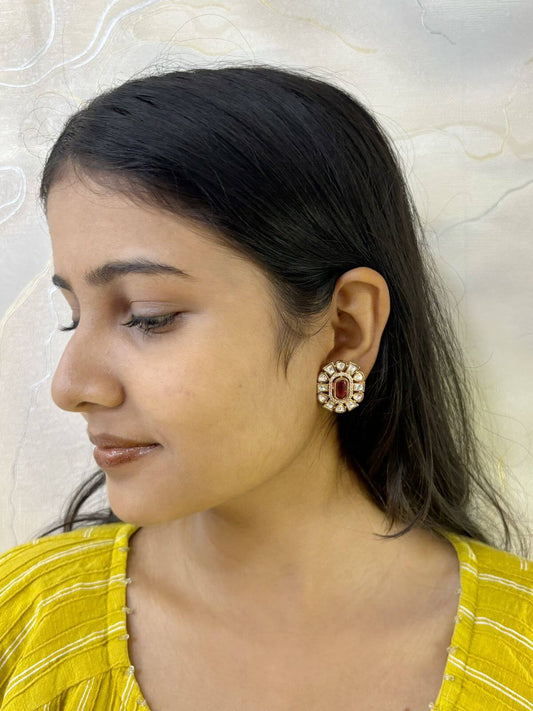 Ishka Unique AD And Uncut Polki Stud Earrings | Pink Kundan Studs