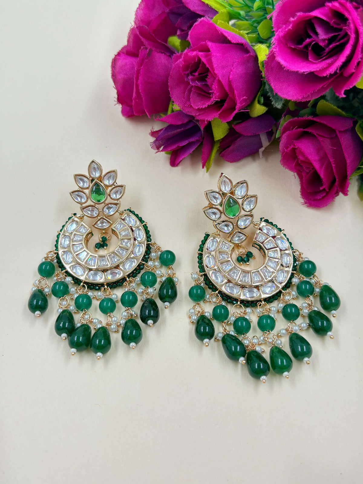 Tarini Lightweigh Green Polki Chandbali Earrings For Women