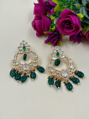 Designer Lightweight Green Uncut Polki Chandbali Earrings For Ladies
