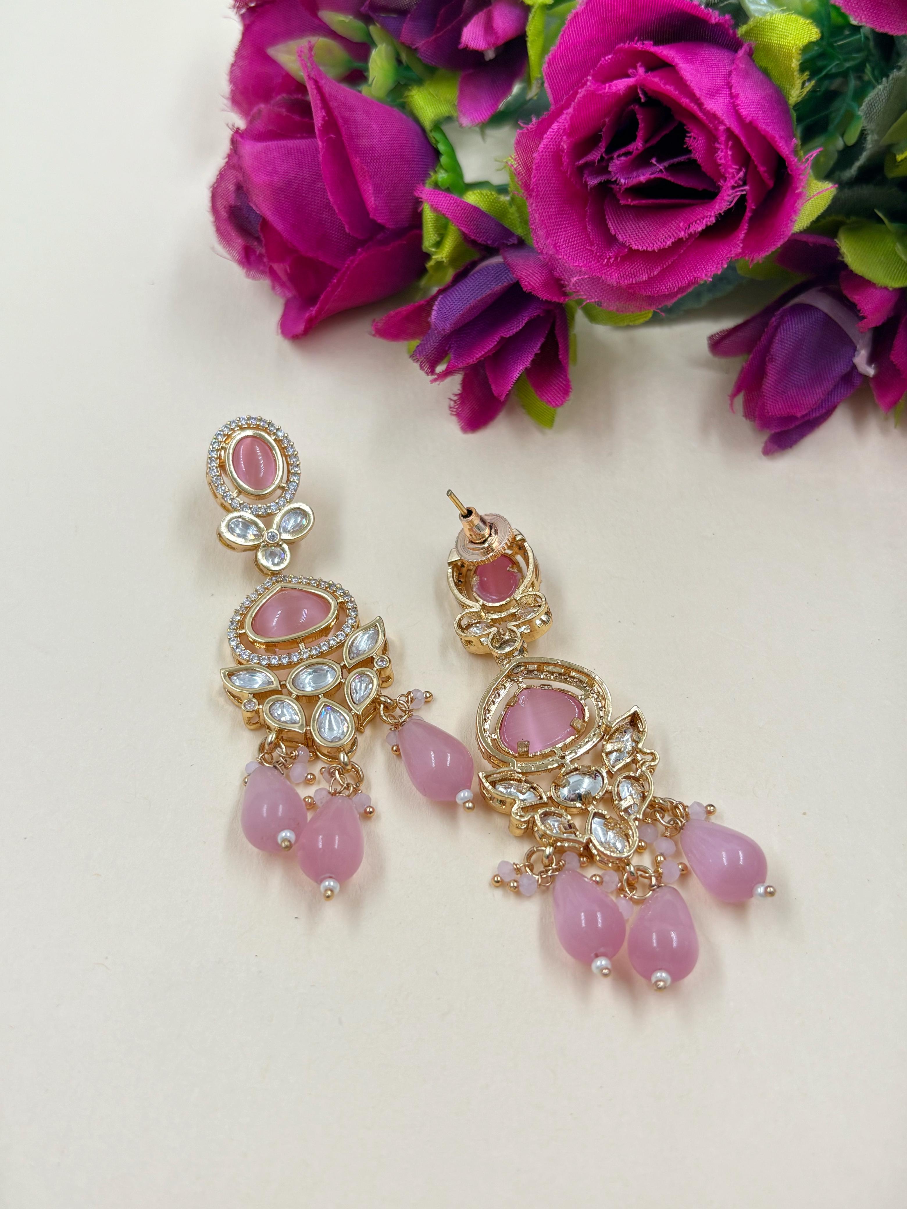 Lightweight AD And Polki Dangler Earrings | baby pink party Wear Earrings