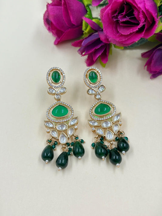Lightweight AD And Polki Dangler Earrings | Green  party Wear Earrings