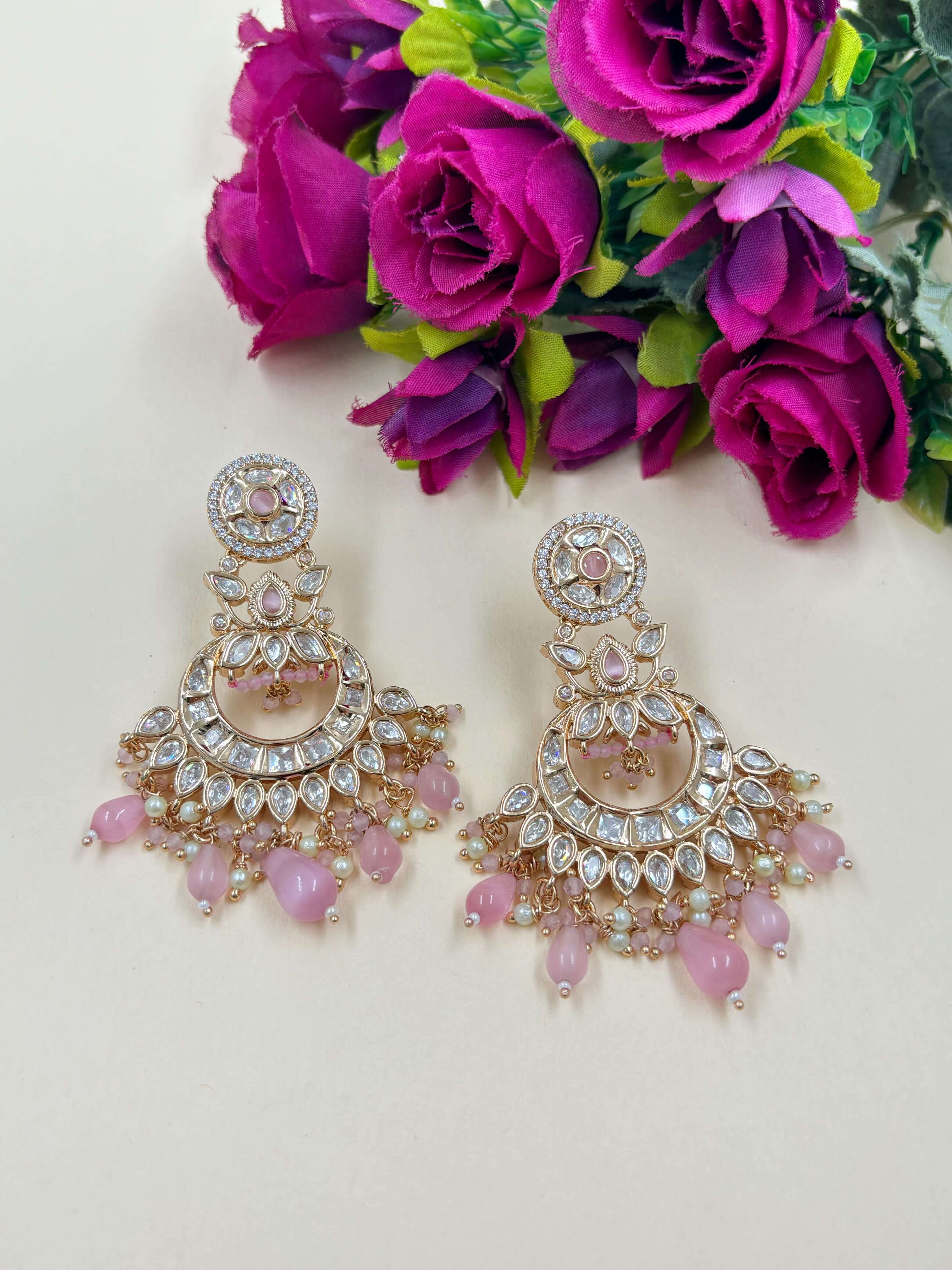 Anandi Designer Baby Pink Polki Chandbali Earrings For Women