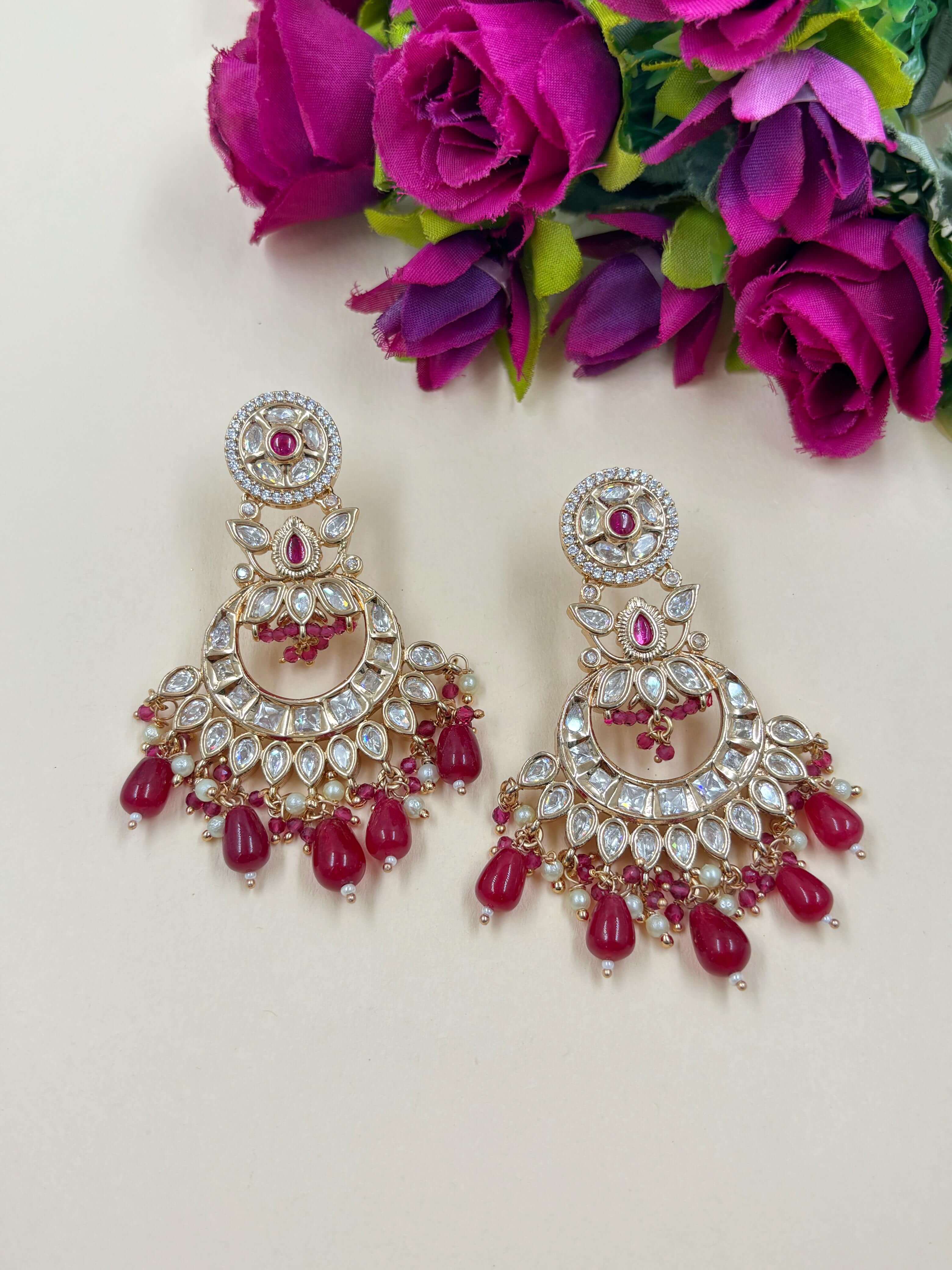 Anandi Designer Red Polki Chandbali Earrings For Women