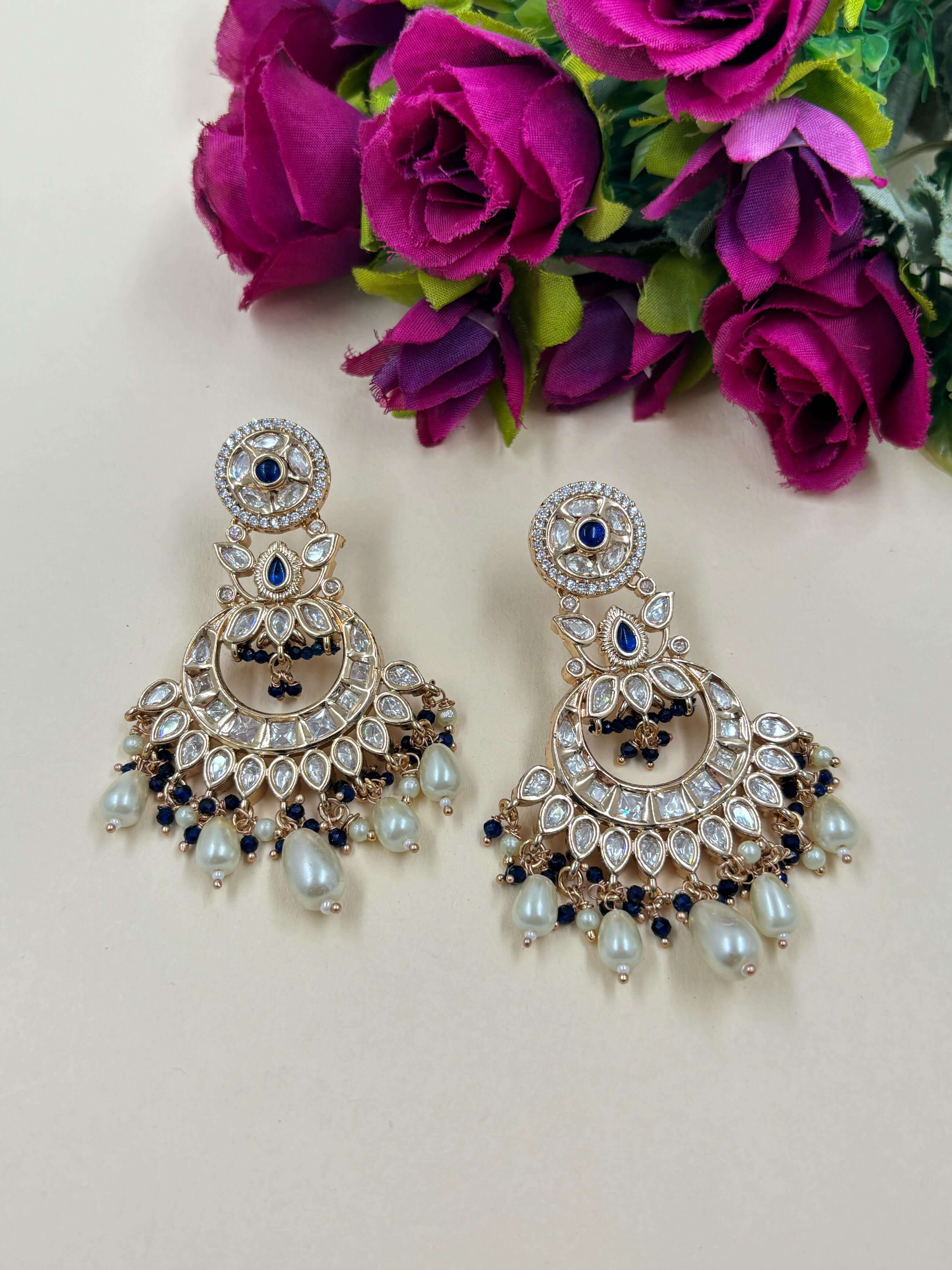 Anandi Designer Blue Polki Chandbali Earrings For Women