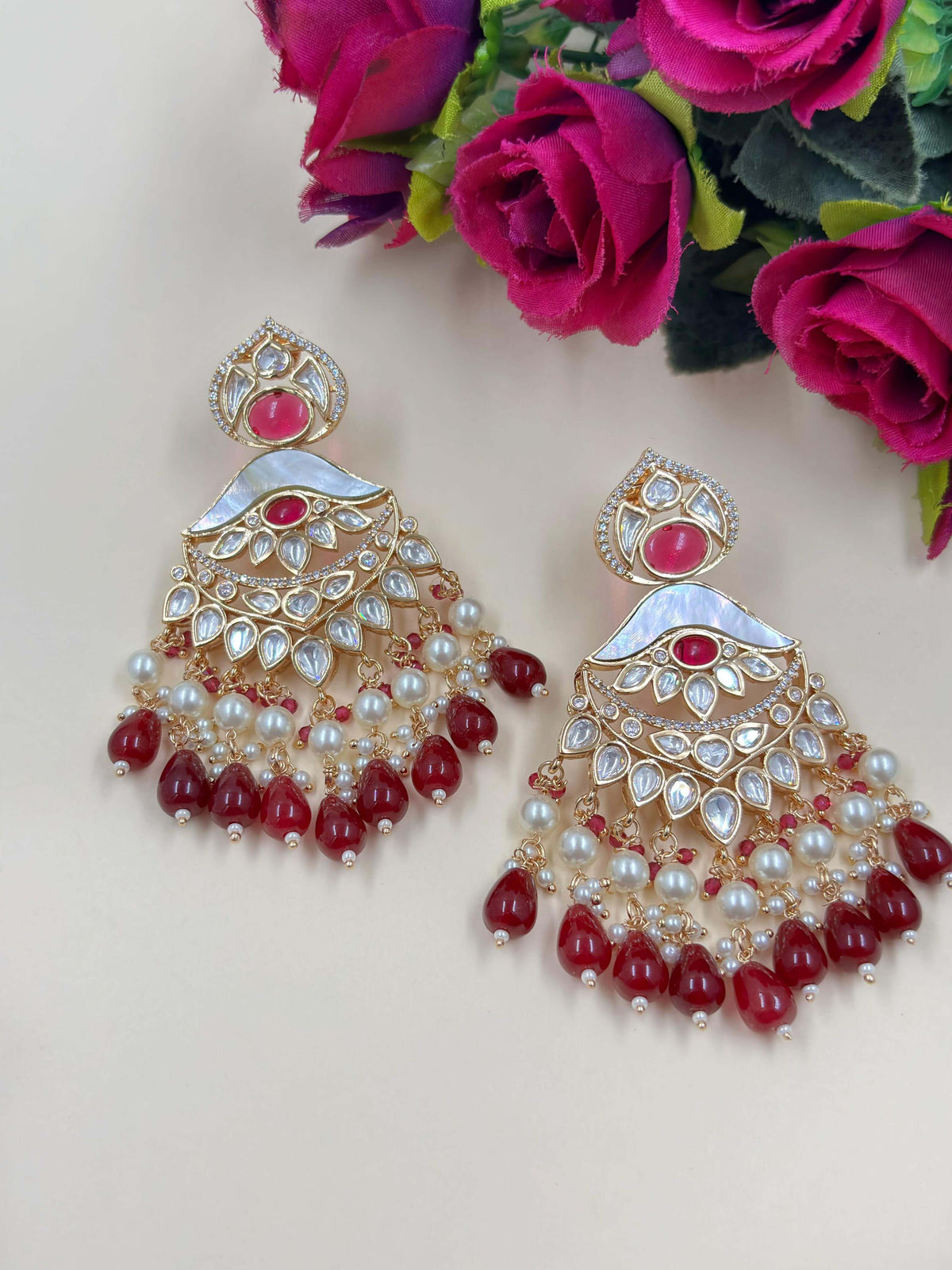 Mrunali Mother Of Pearl Maroon Polki Chandbali Earrings | Designer Earrings for weddings