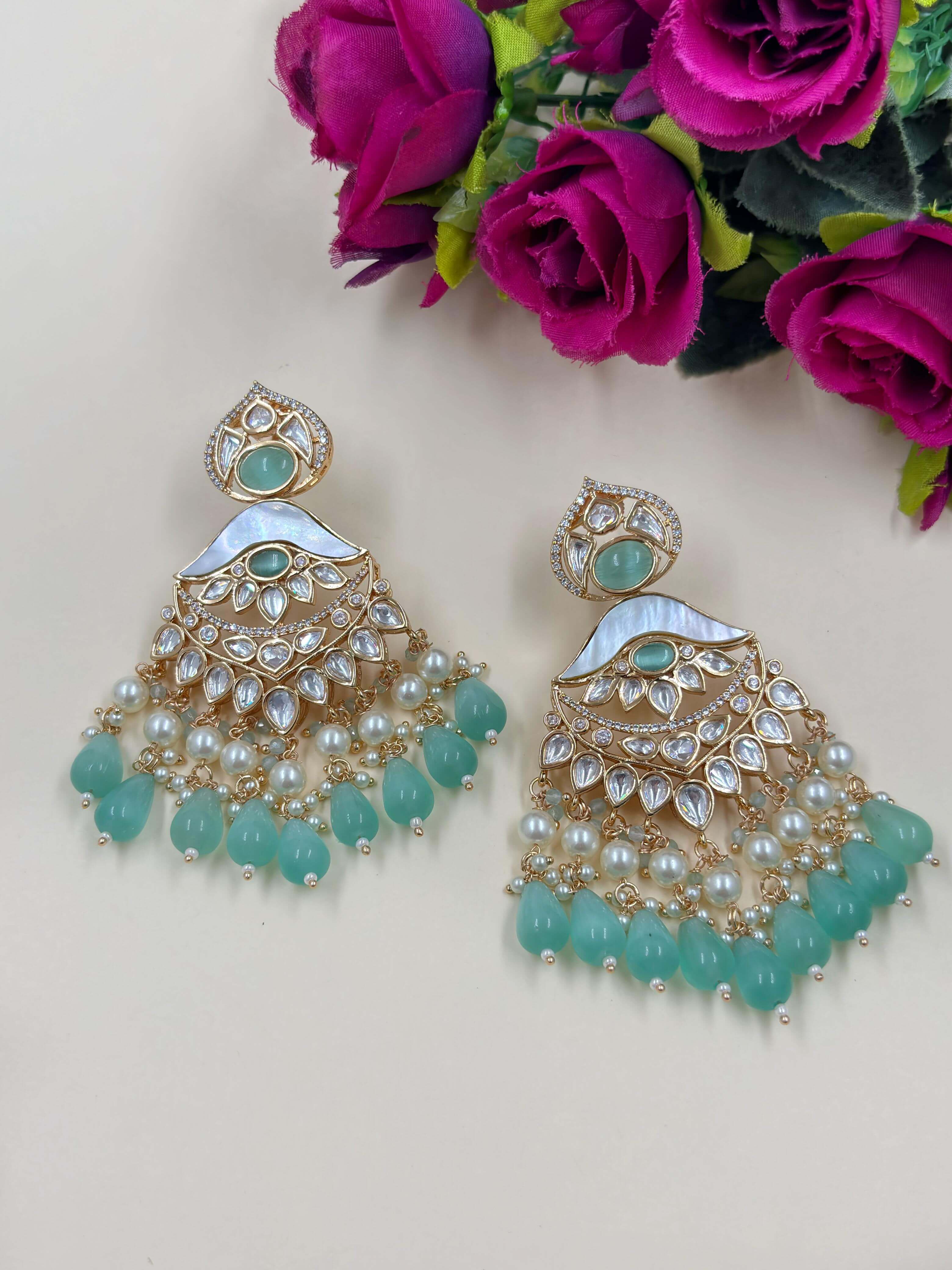 Mrunali Mother Of Pearl Mint green Polki Chandbali Earrings | Designer Earrings for weddings