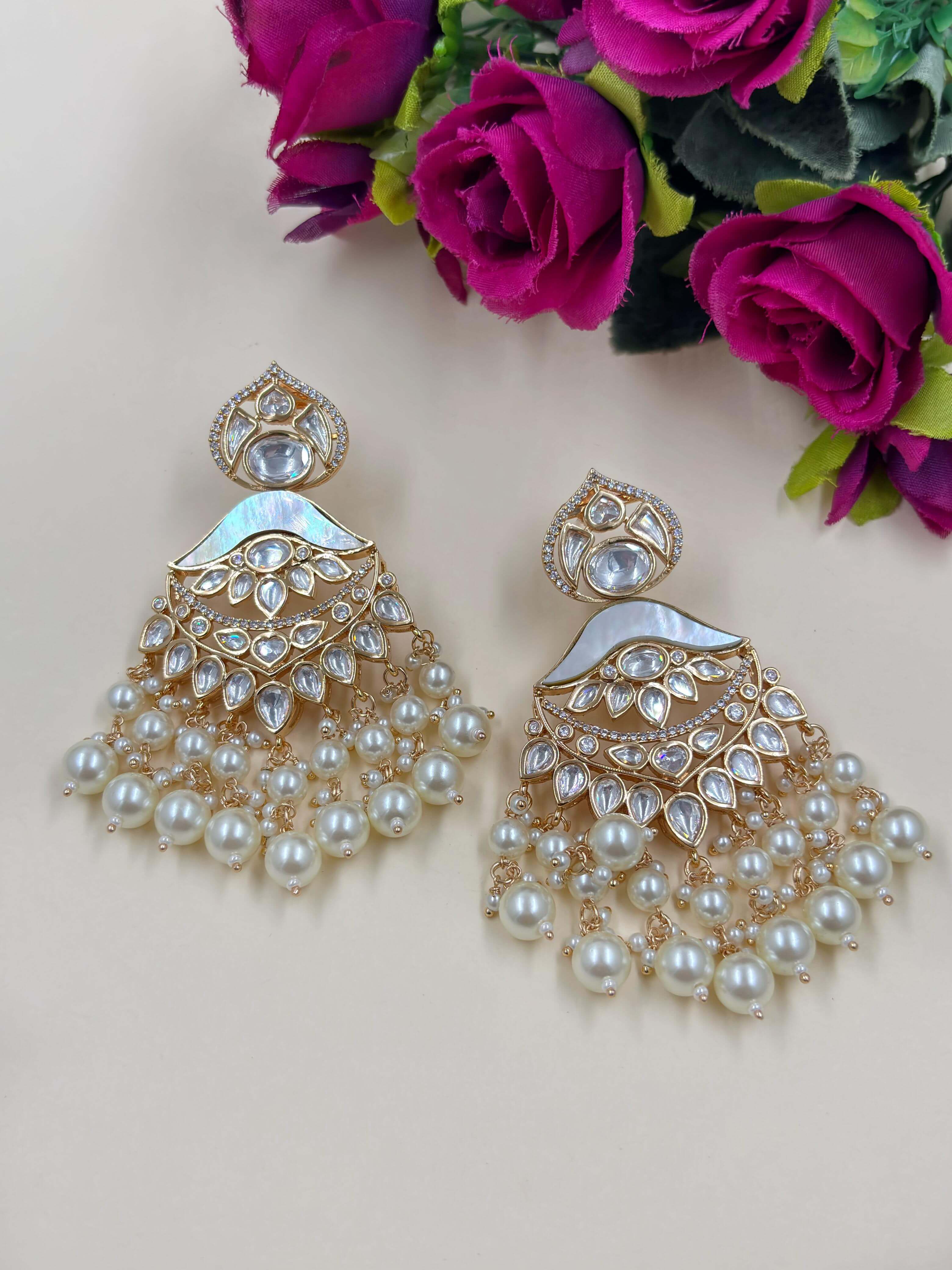 Mrunali Mother Of Pearl white Polki Chandbali Earrings | Designer Earrings for weddings