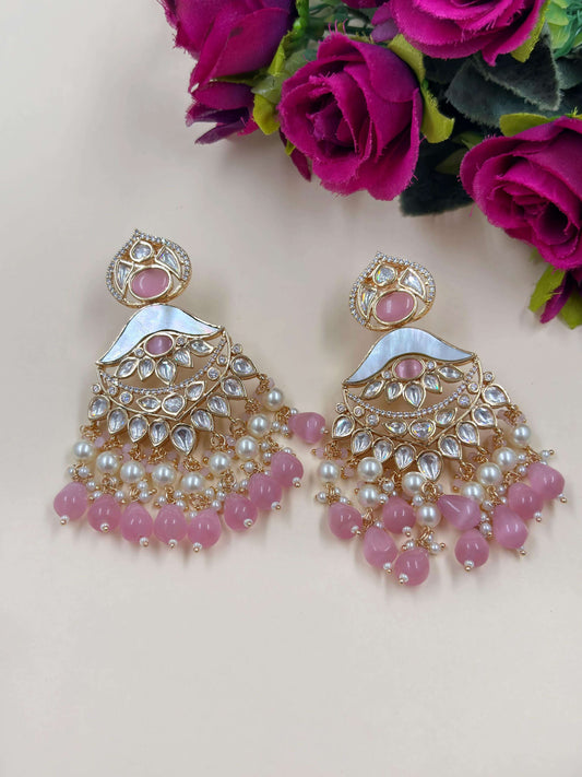 Mrunali Mother Of Pearl Baby Pink Polki Chandbali Earrings | Designer Earrings for weddings
